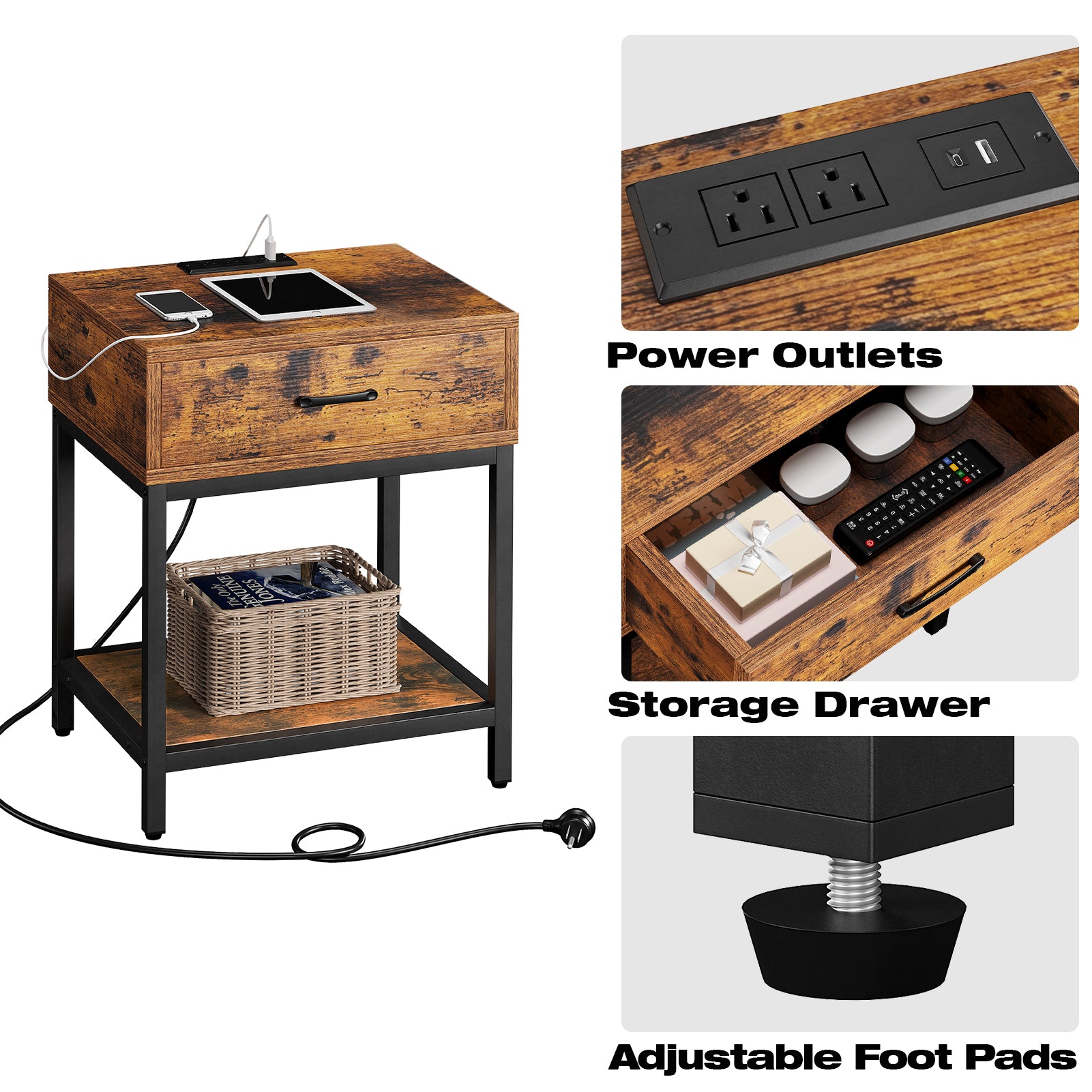 Garvee Nightstand - Bedside Table with Type-C & USB Charging Station, Modern End Table with 1-Drawer Storage, Side Table for Bedroom & Living Room