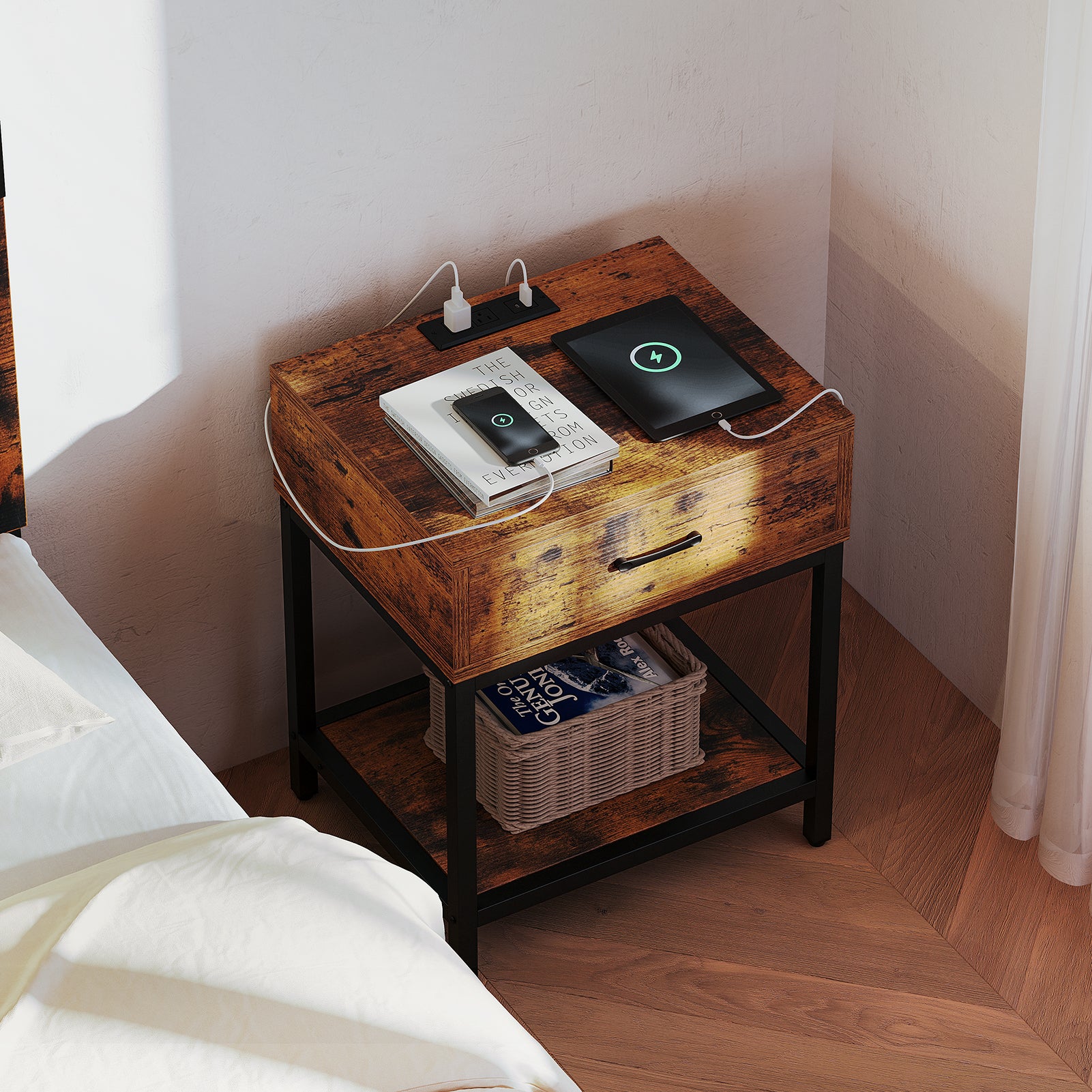 Garvee Nightstand - Bedside Table with Type-C & USB Charging Station, Modern End Table with 1-Drawer Storage, Side Table for Bedroom & Living Room