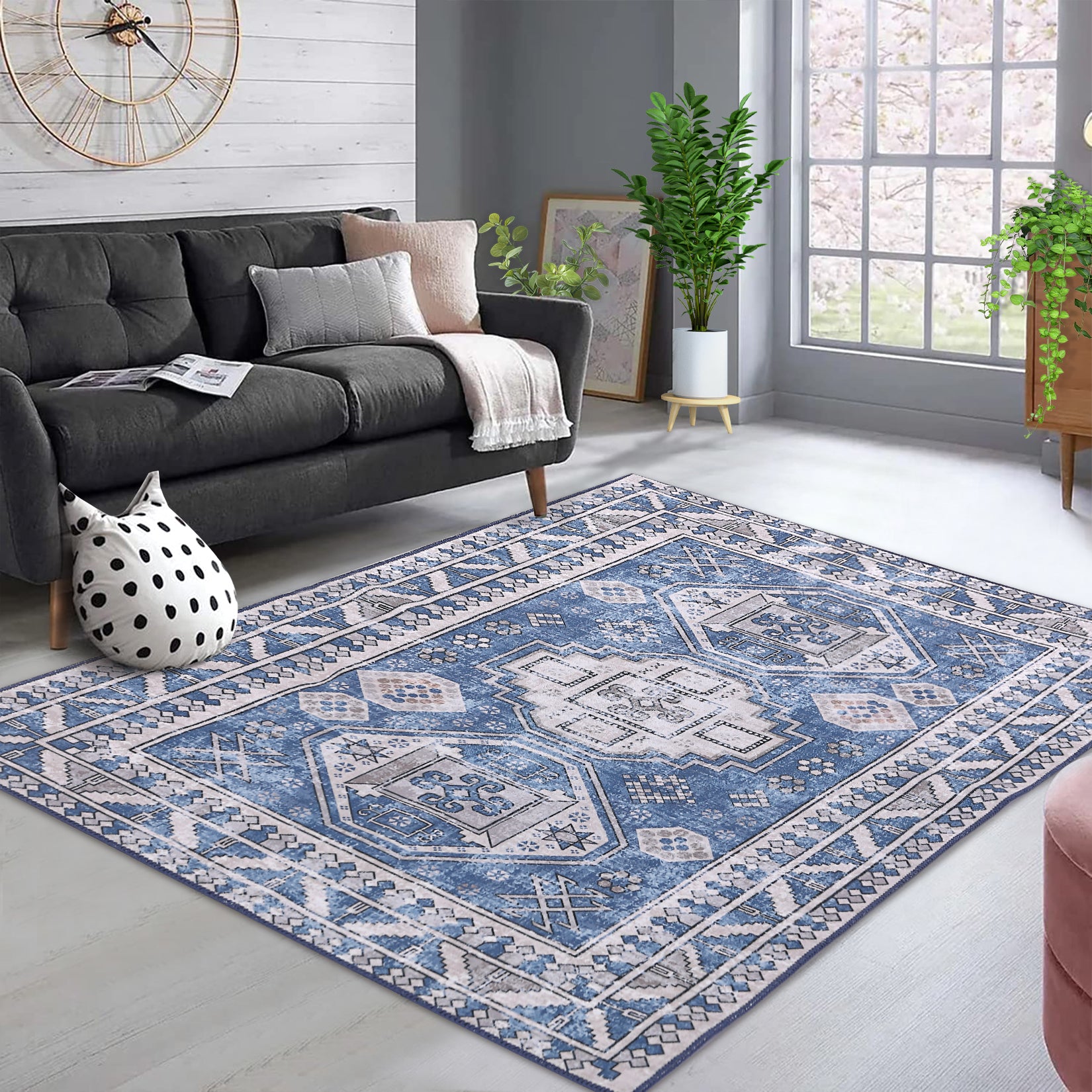 Garvee Runner Rug 2x8 Feet Washable Non-Slip Vintage Medallion Hallway Runner, Stain Resistant Traditional Distressed Kitchen Mat Laundry Entryway Carpet Runner for Doorway Bedside, Blue