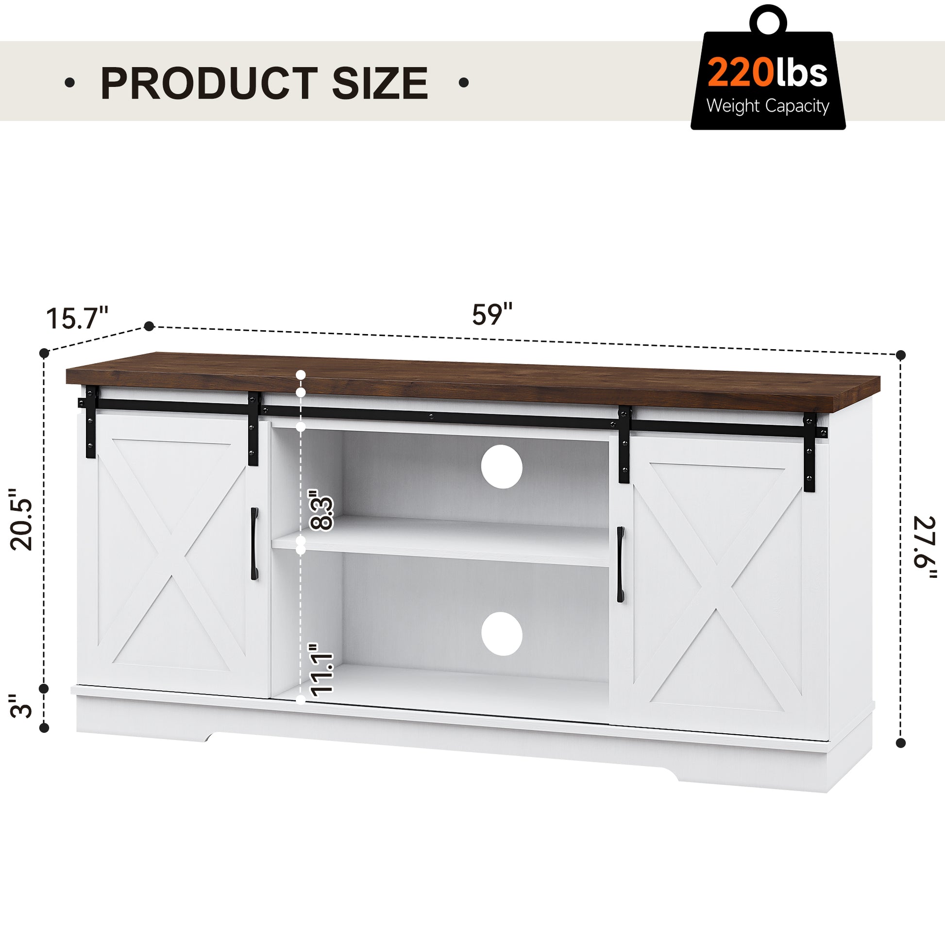 Garvee 59 inch Farmhouse TV Stand, Cabinet with Barn Doors, Wood Media Console for Living Bedroom, 250 lbs Capacity, White
