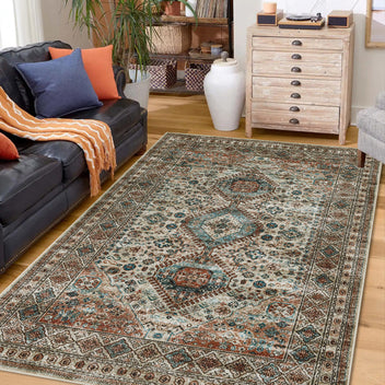 Garvee Washable Rug 5x7 Antique Large Brown Distressed Indoor Floor Cover Non-Slip Low Pile Lightweight Carpet for Living Room Bedroom Dining Room
