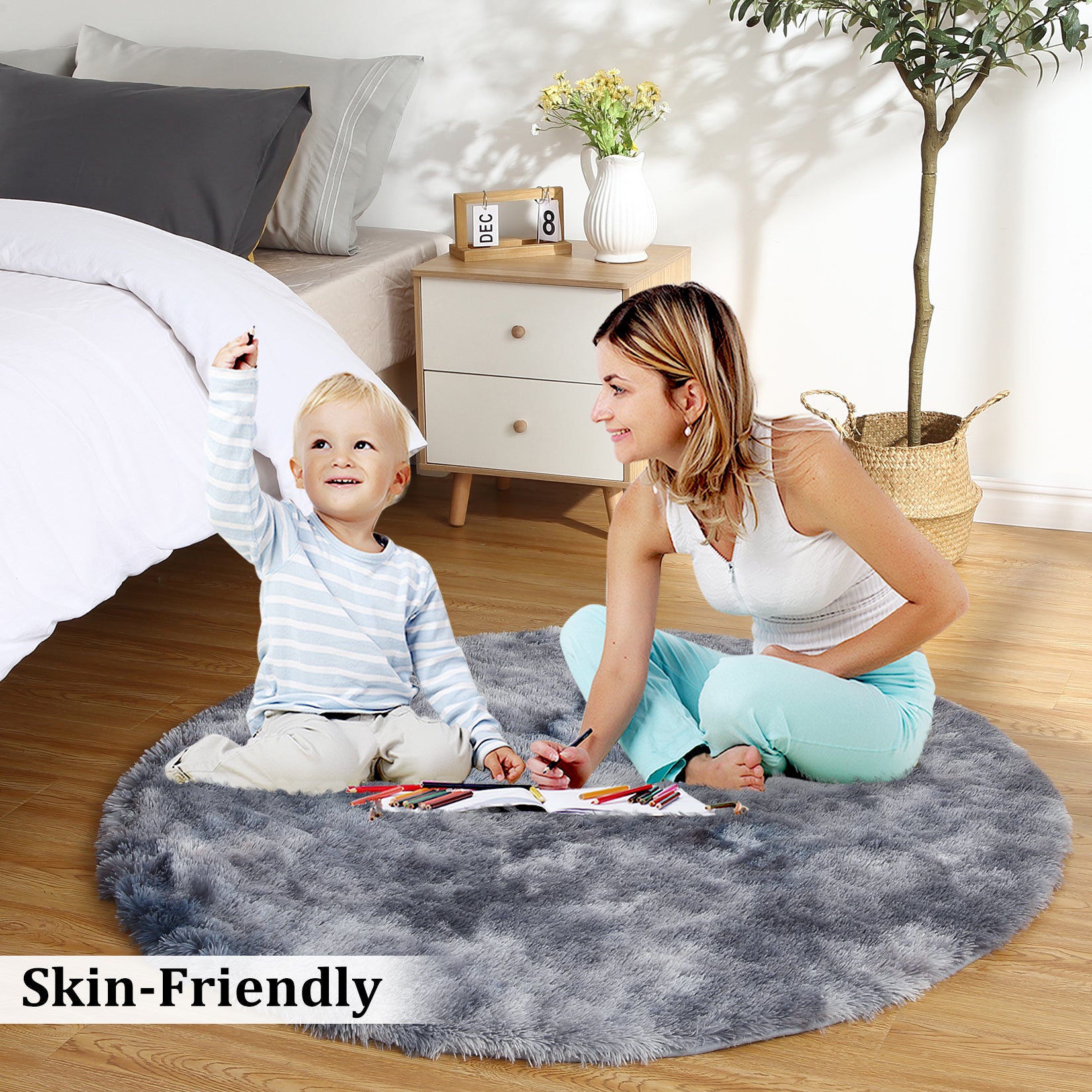 Garvee Fluffy & Sheepskin Dark Grey 2.6'-Round Area Rugs for Bedroom Plush Rug Fuzzy Rug Living Room Rugs Non-Slip Rug for Living Room Bedroom Dining Room Office