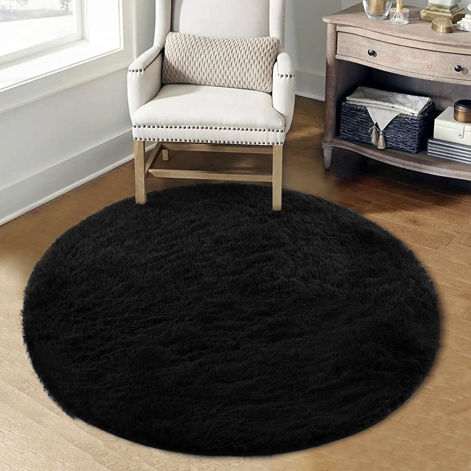 Garvee Fluffy & Sheepskin Pure Black 2.6'-Round Area Rug for Living Room Black Plush Shag Rugs for Bedroom Nursery Room Soft Shaggy Rug Anti-Slip Kids Playroom Fuzzy Rugs for Dining Room Decor Floor Carpet