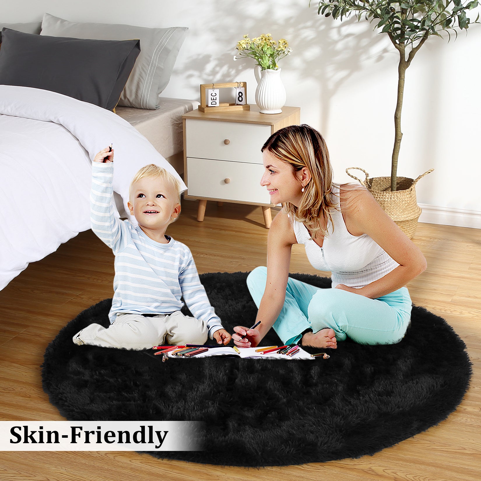 Garvee Fluffy & Sheepskin Pure Black 2.6'-Round Area Rug for Living Room Black Plush Shag Rugs for Bedroom Nursery Room Soft Shaggy Rug Anti-Slip Kids Playroom Fuzzy Rugs for Dining Room Decor Floor Carpet