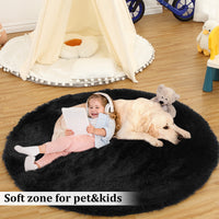 Garvee Fluffy & Sheepskin Pure Black 2.6'-Round Area Rug for Living Room Black Plush Shag Rugs for Bedroom Nursery Room Soft Shaggy Rug Anti-Slip Kids Playroom Fuzzy Rugs for Dining Room Decor Floor Carpet