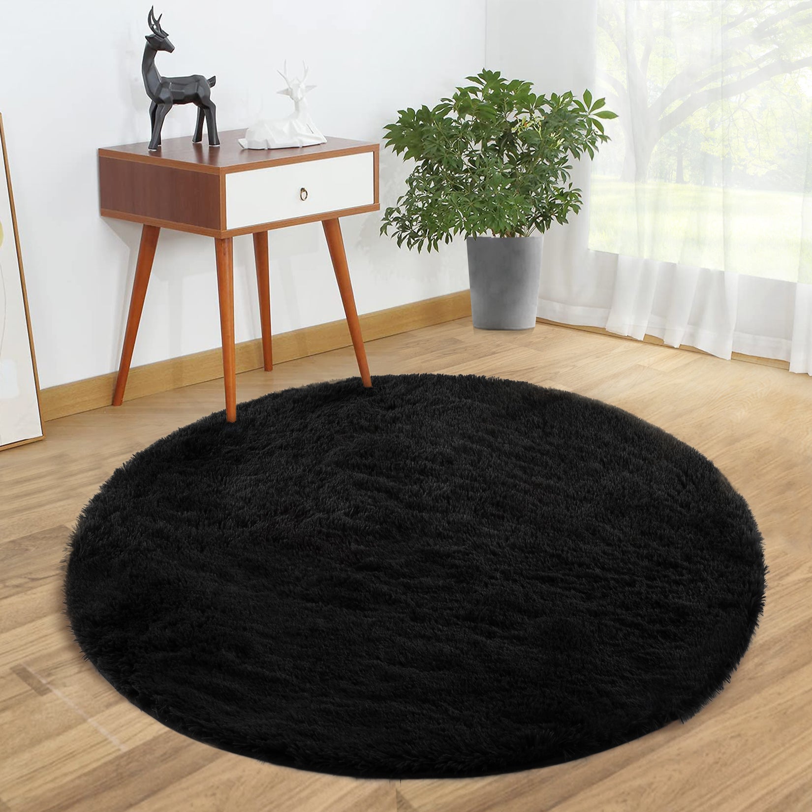 Garvee Fluffy & Sheepskin Pure Black 2.6'-Round Area Rug for Living Room Black Plush Shag Rugs for Bedroom Nursery Room Soft Shaggy Rug Anti-Slip Kids Playroom Fuzzy Rugs for Dining Room Decor Floor Carpet