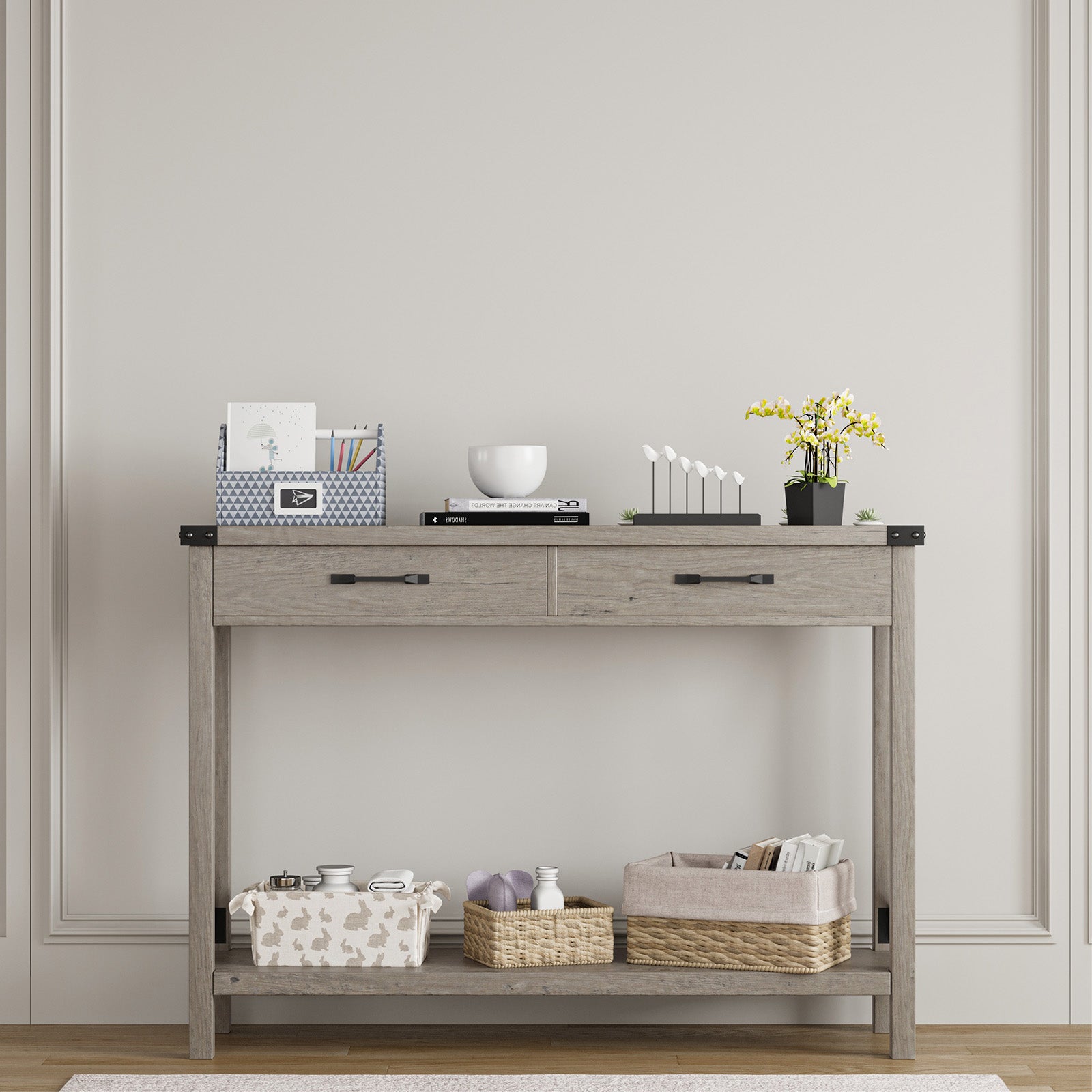Garvee Console Table with 2 Drawers, Farmhouse Sofa Table with Storage Shelf, Accent Wood Entryway Table for Entryway, Grey