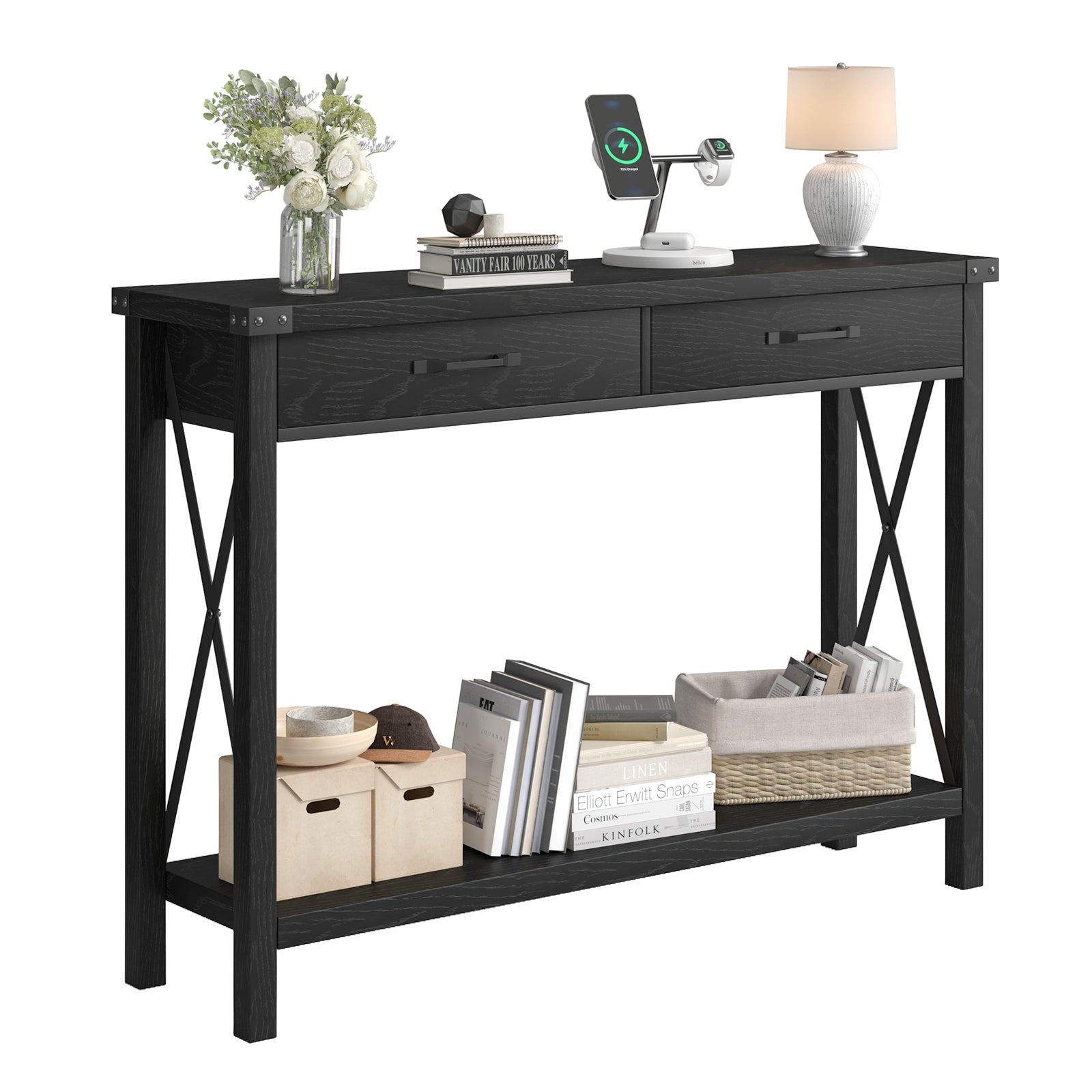 Garvee Console Table with 2 Drawers, Farmhouse Sofa Table with Storage Shelf, Accent Wood Entryway Table for Entryway, Black