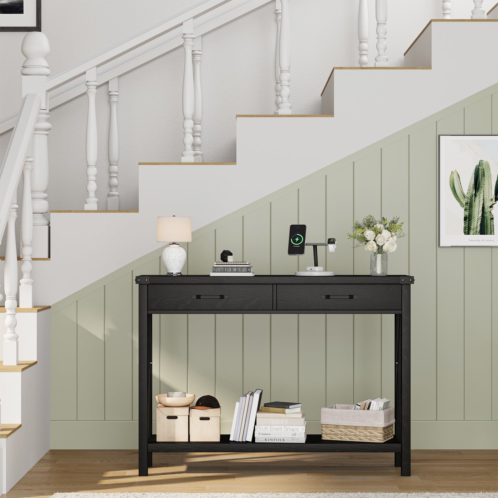 Garvee Console Table with 2 Drawers, Farmhouse Sofa Table with Storage Shelf, Accent Wood Entryway Table for Entryway, Black