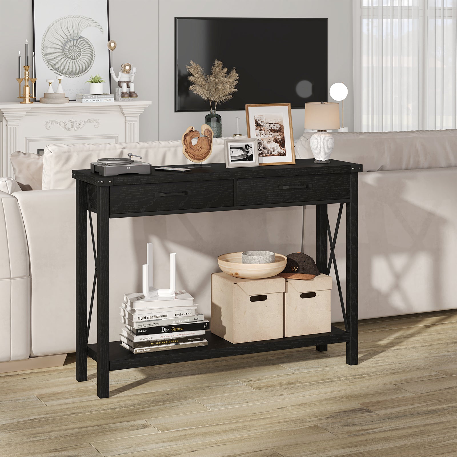 Garvee Console Table with 2 Drawers, Farmhouse Sofa Table with Storage Shelf, Accent Wood Entryway Table for Entryway, Black