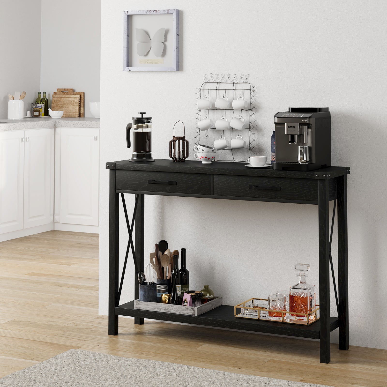Garvee Console Table with 2 Drawers, Farmhouse Sofa Table with Storage Shelf, Accent Wood Entryway Table for Entryway, Black