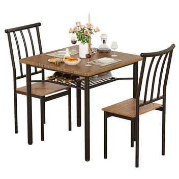 Garvee Dining Table Set for 2 , Kitchen Table and Chairs Kit with Wine Rack, 3 Piece Metal and Wood Square Dining Room Table Set for Small Space, Apartment, Brown