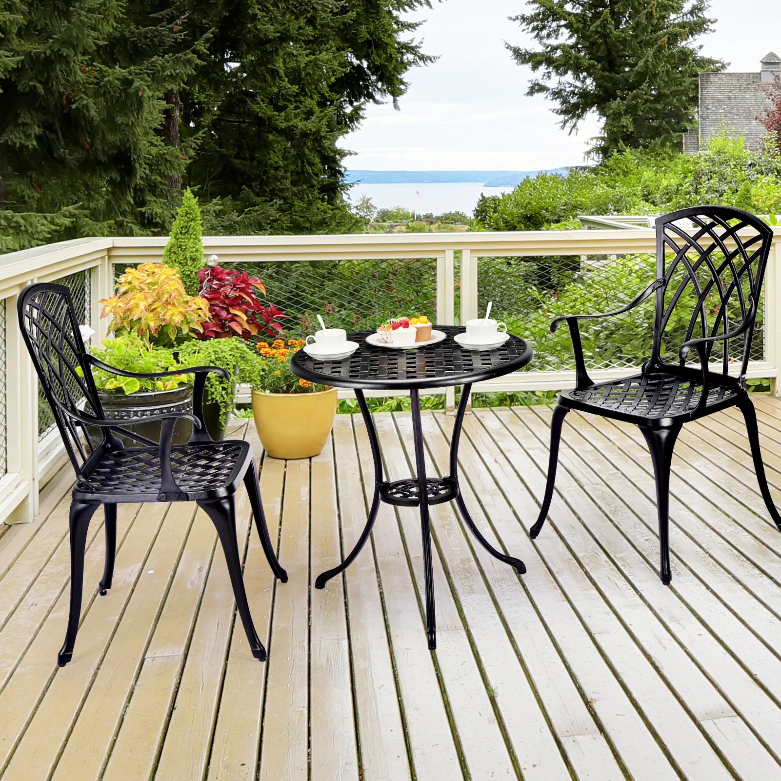 Garvee Patio Bistro Set with Umbrella Hole, 3 Piece Cast Aluminum Bistro Table and Chairs Set, Patio Table and Chairs, Bistro Set for Patio Backyard, Garden, Patio Balcony, Black