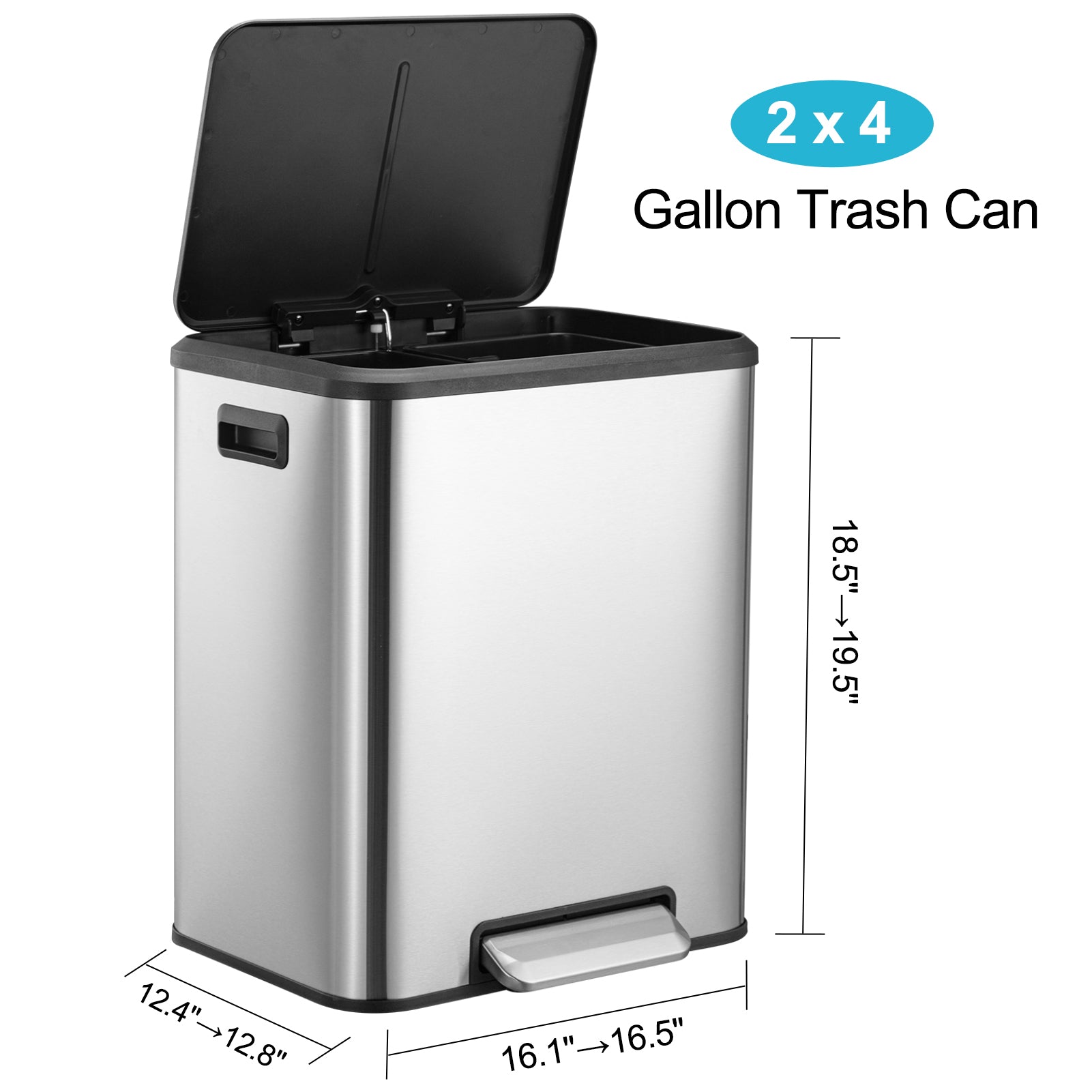 Garvee 8 Gallon Stainless Steel Dual Trash Can Recycling Bin with Removable Inner Bin and Soft Close Lid for Kitchen and Home Office, Silver