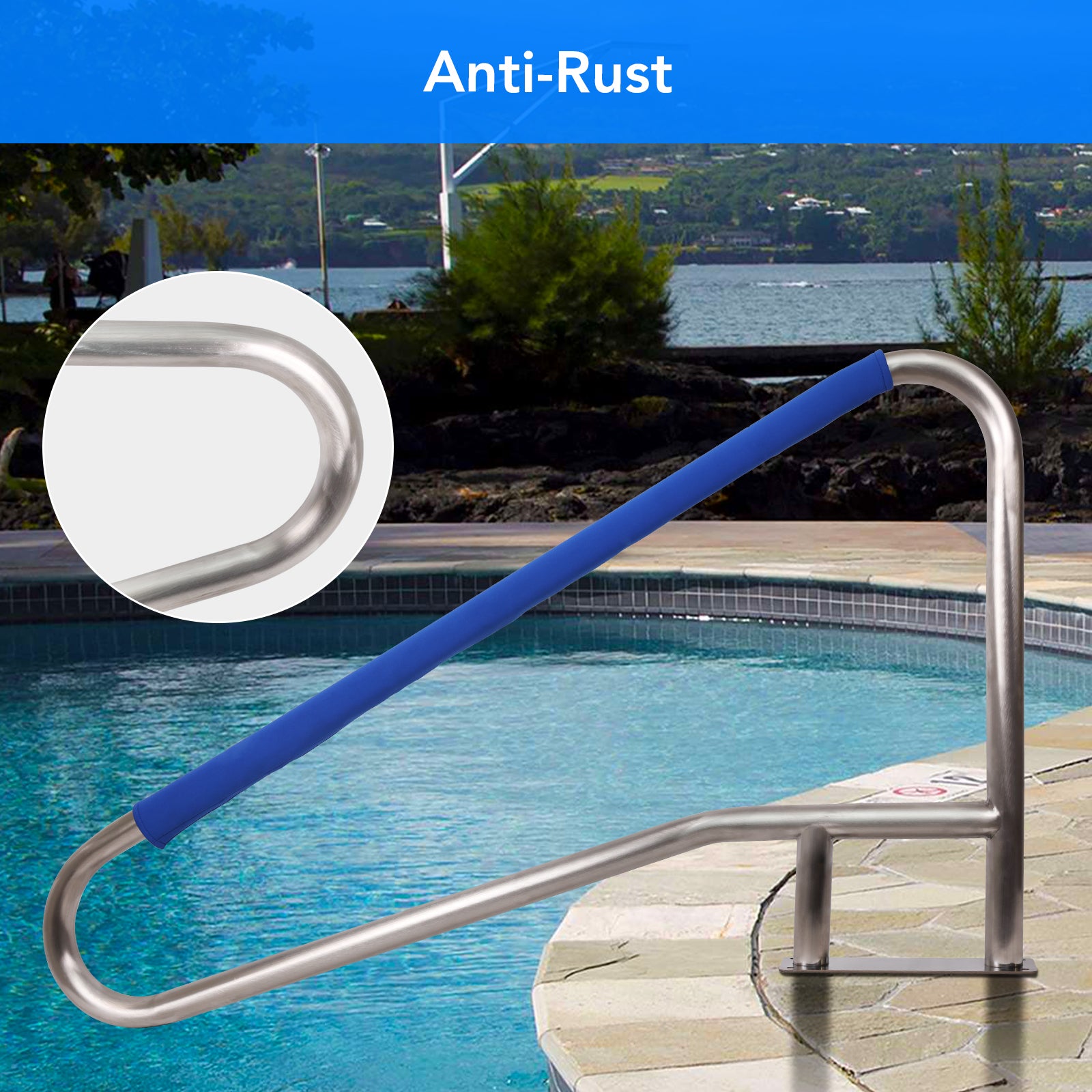 Garvee 54"x36" Stainless Steel Swimming Pool Stair Rail - 250 lbs Load Capacity, Rustproof Handrail with Blue Grip Cover for Inground Pools