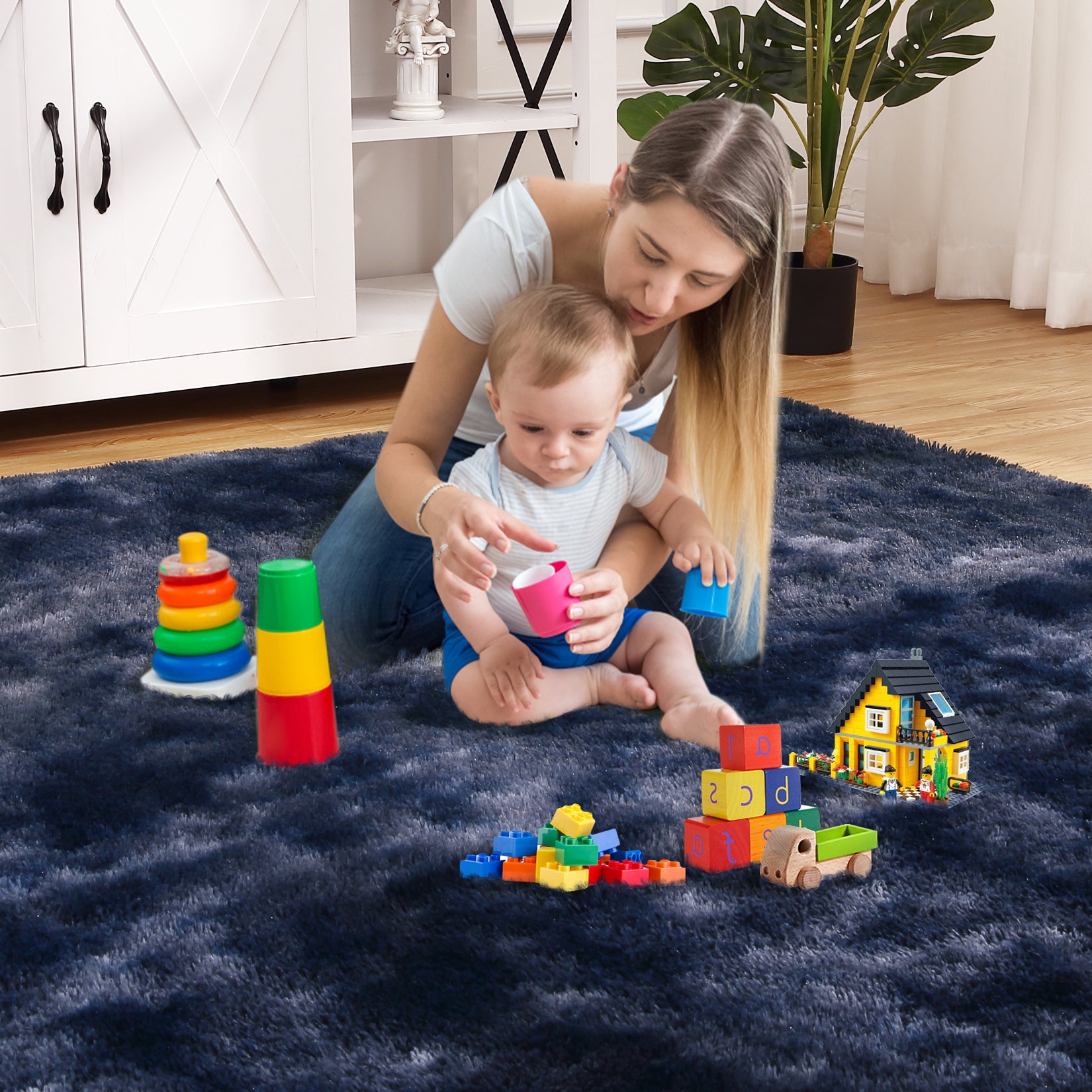 Garvee Fluffy & Sheepskin Navy Blue 9x12 Shag Rug, Soft Fuzzy Plush for Living Room Bedroom Decor