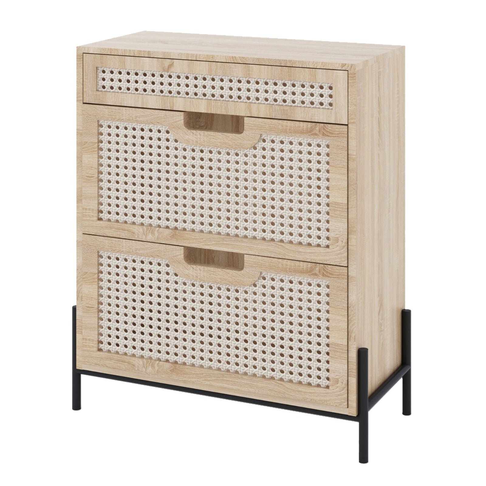 Garvee Natural Rattan Shoe Cabinet with 2 Flip Door and 1 Drawer, Freestanding Shoe Storage Organizer, Modern Narrow Shoe Rack with Adjustable Shelves for Entryway Hallway, Black+Oak