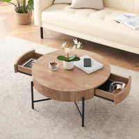 Garvee Farmhouse Round Coffee Table with Two Drawers, Living Room Wood Center Table with Metal Legs, Vintage Style, Easy Assembly, Brown