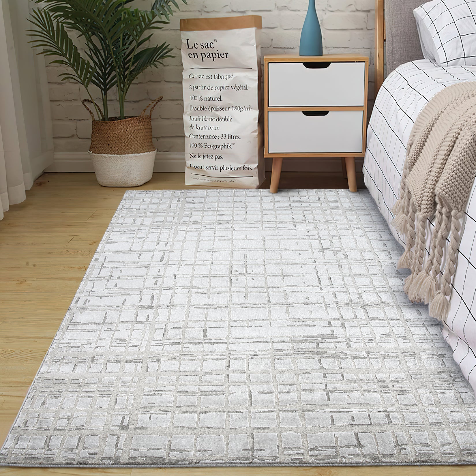 Garvee Area Rug 4x6, Modern Abstract Plaid Rugs, Non-Slip Jute Backing, Home Decor Carpet, Ideal for Bedroom Living Room, Beige, Rectangular