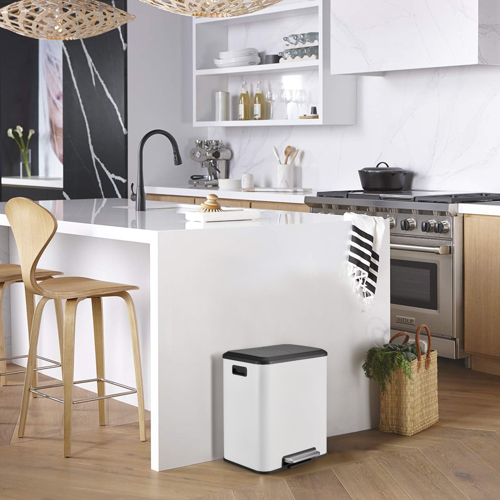 Garvee 8 Gallon Stainless Steel Dual Trash Can Recycling Bin with Removable Inner Bin and Soft Close Lid for Kitchen and Home Office, White