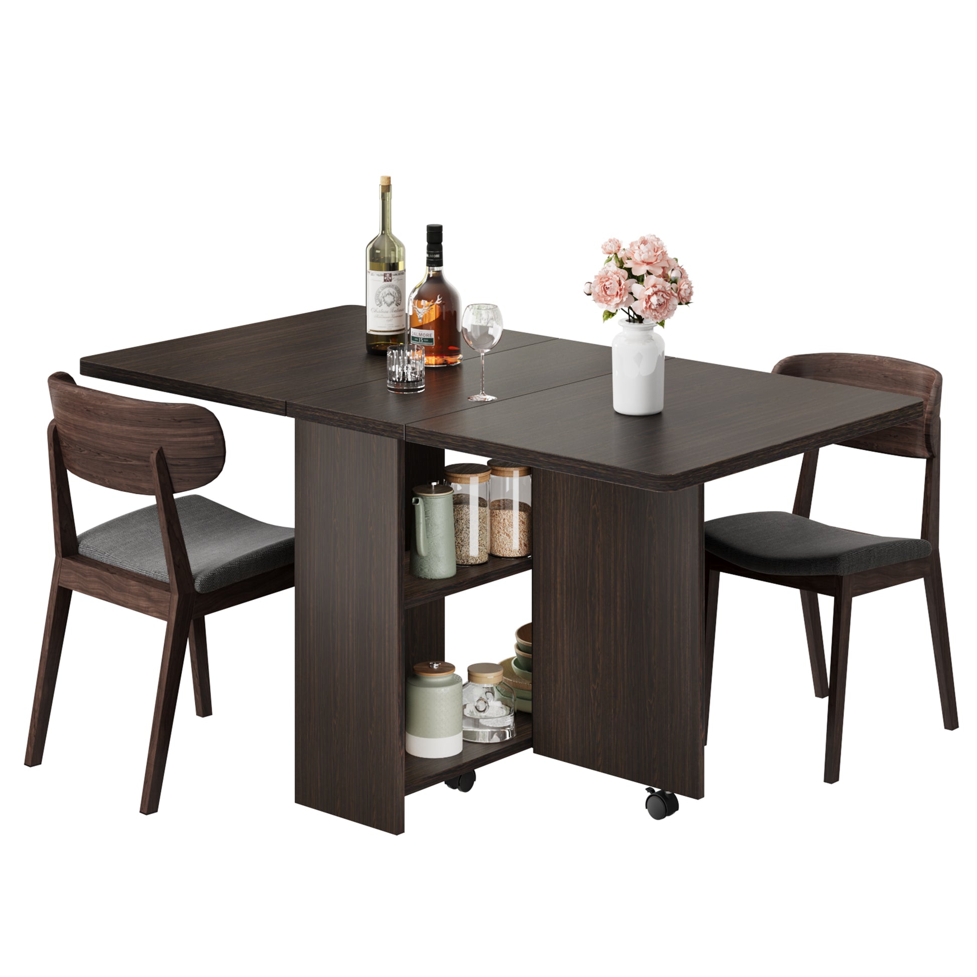 Garvee 47.2" Drop Leaf Dining Table in Movable Design with 2 Storage Shelf and 6 Wheels, Dark Walnut
