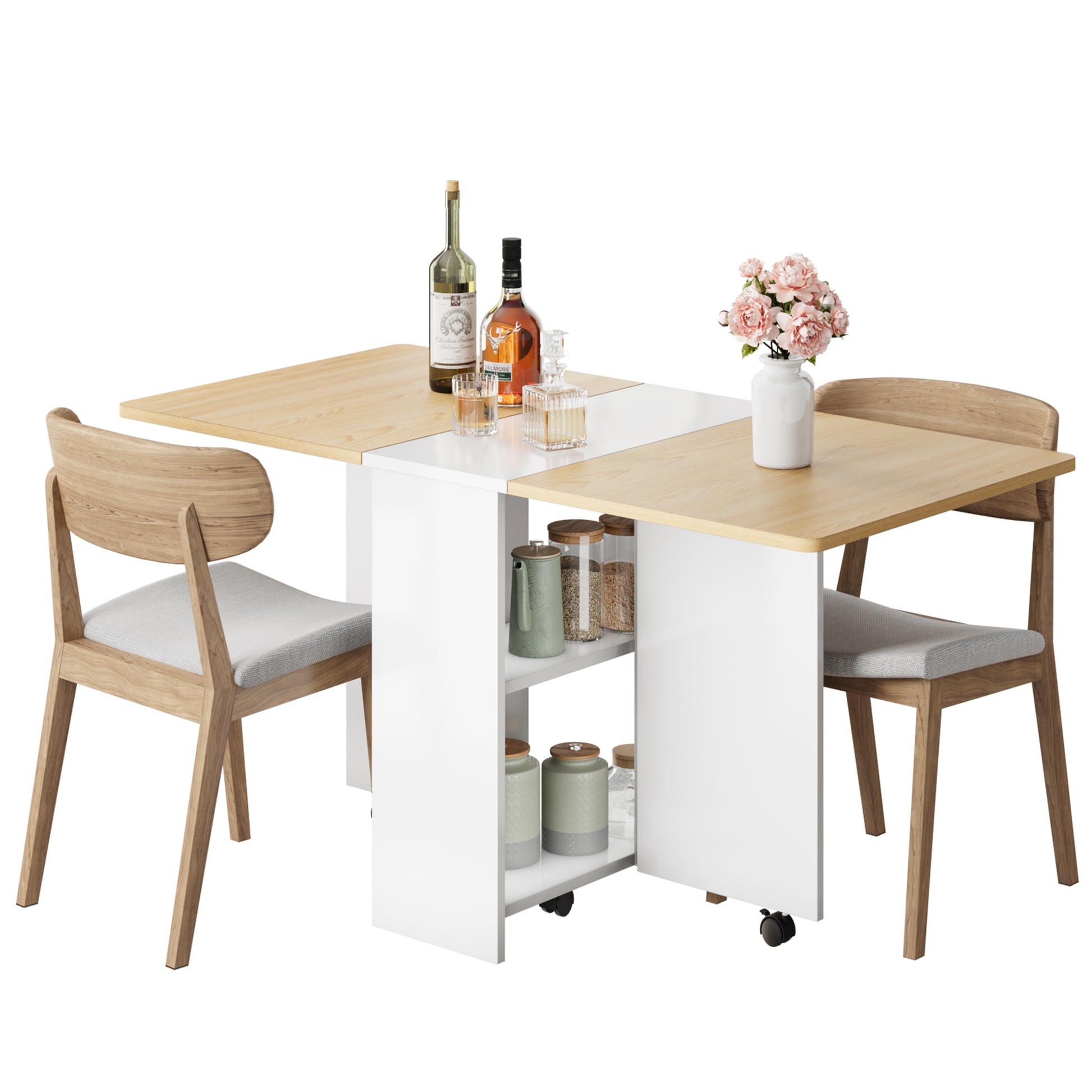 Garvee 47.2" Drop Leaf Dining Table in Movable Design with 2 Storage Shelf and 6 Wheels, White