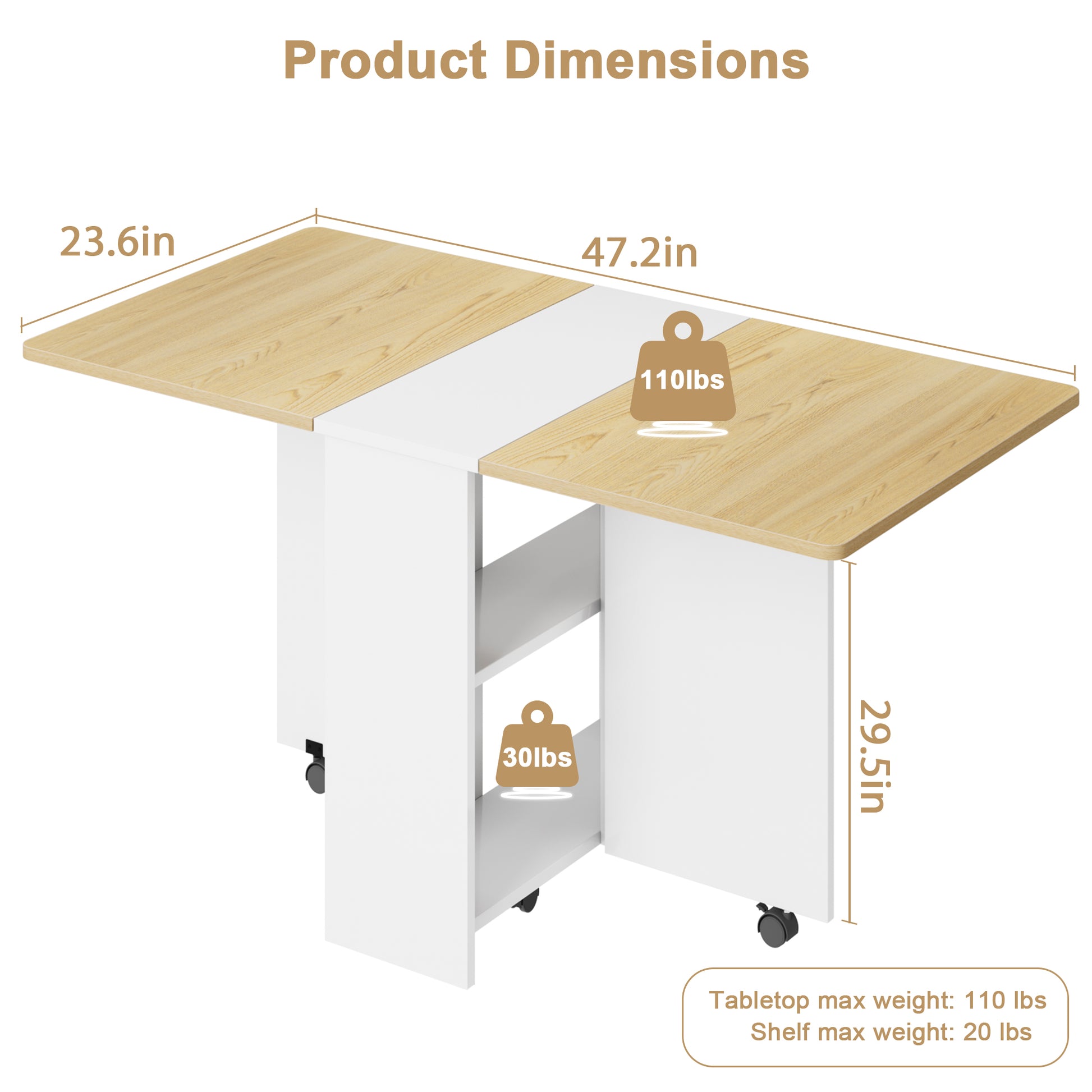Garvee 47.2" Drop Leaf Dining Table in Movable Design with 2 Storage Shelf and 6 Wheels, White