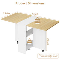 Garvee 47.2" Drop Leaf Dining Table in Movable Design with 2 Storage Shelf and 6 Wheels, White