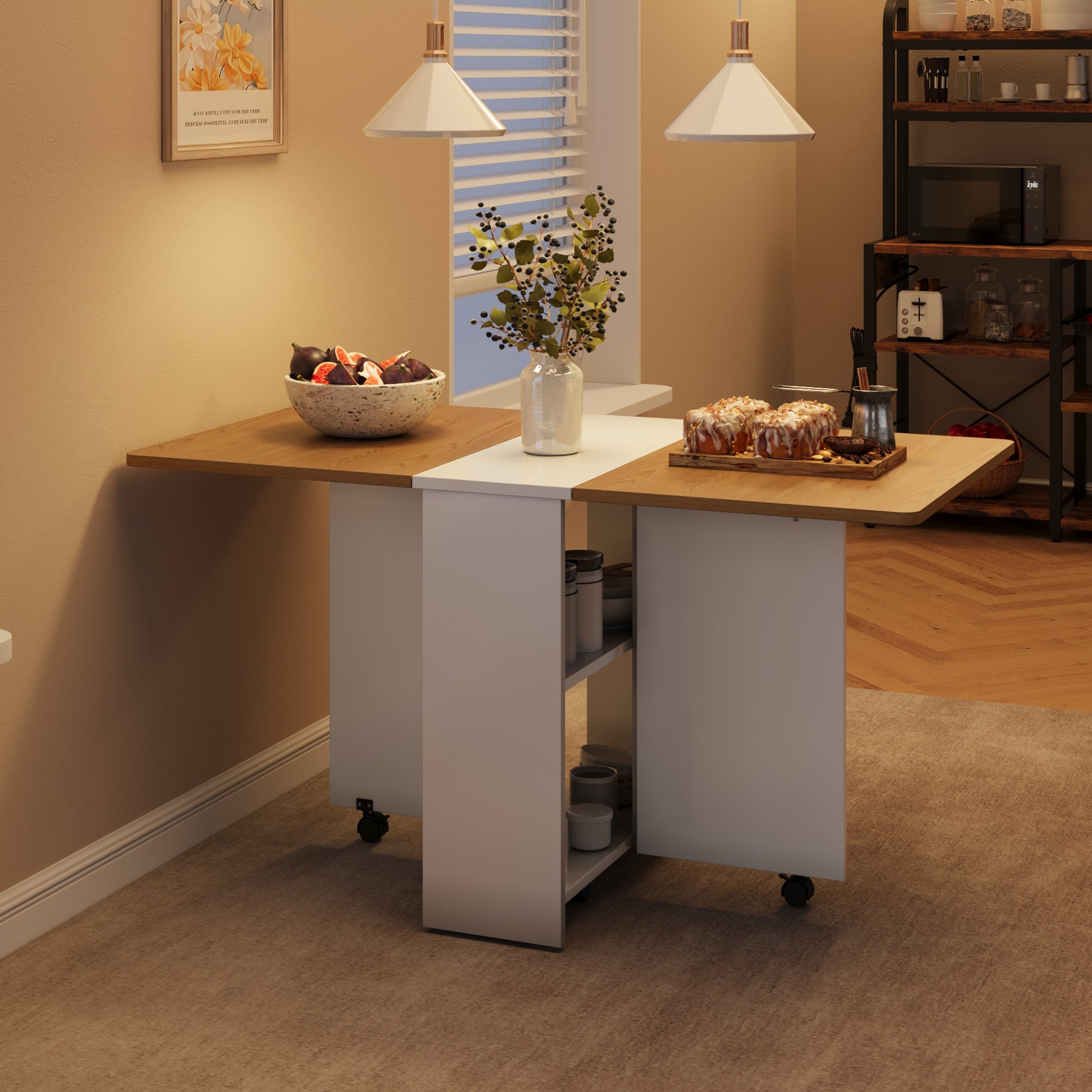 Garvee 47.2" Drop Leaf Dining Table in Movable Design with 2 Storage Shelf and 6 Wheels, White