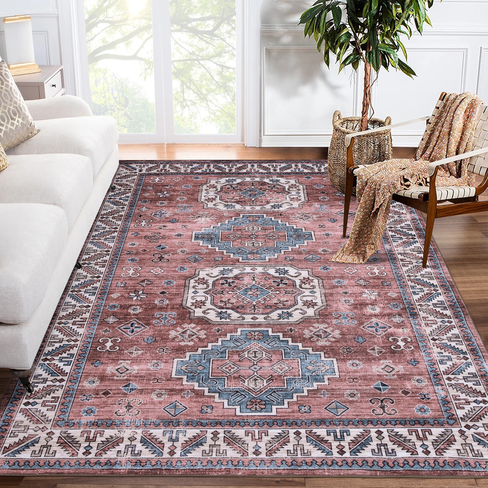 Garvee Vintage Washable Area Rug 3x5 Boho Rug Faux Cashmere Non Slip Rugs for Living Room Bedroom Oriental Rug Mat Stain Resistant Throw Rug Kitchen Dining Home Office