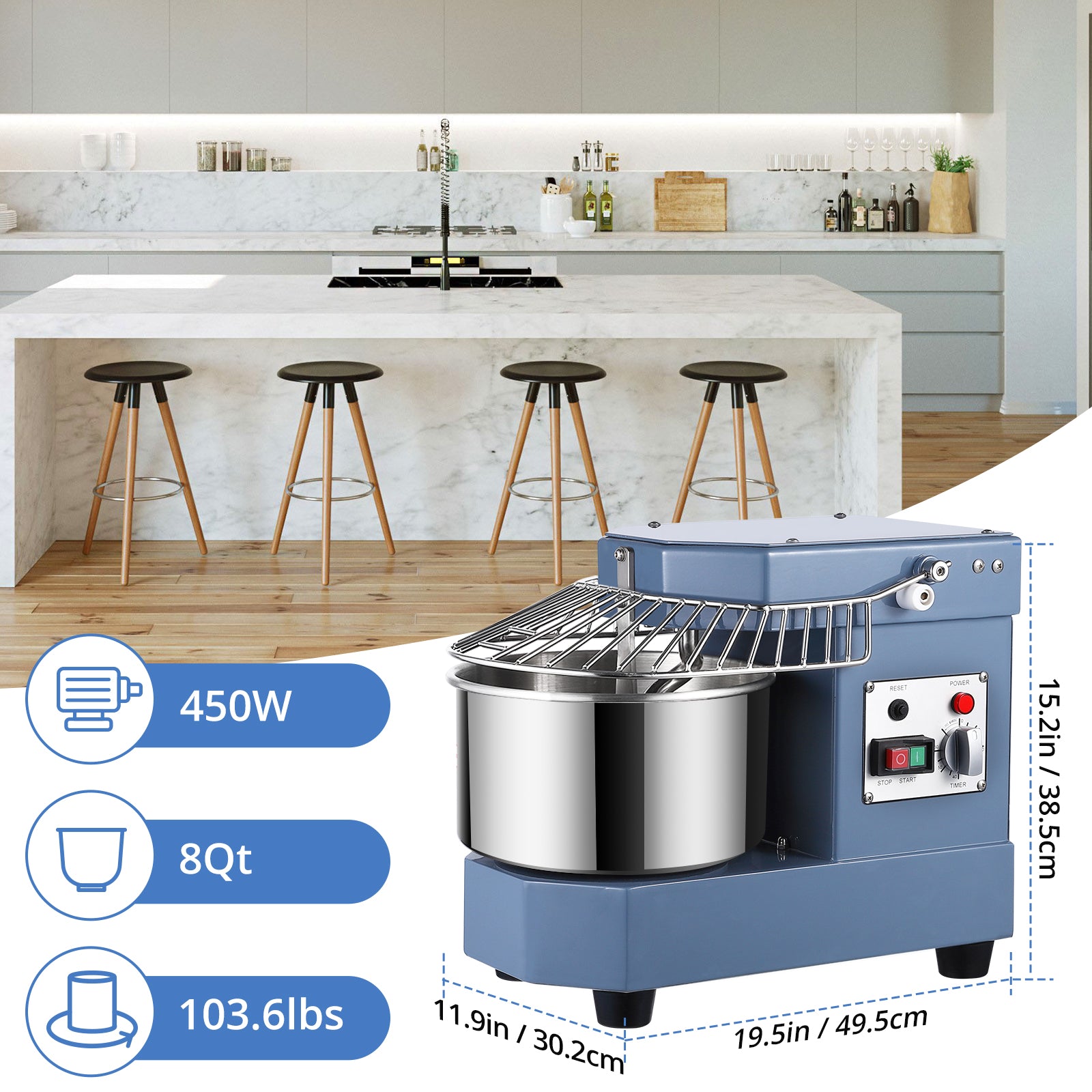 Garvee 8Qt Commercial Food Mixer 450W Dual Rotation 8Qt Bowl Mixes 6.6 lbs Dough Safety Shield for Restaurants Bakeries Pizzerias