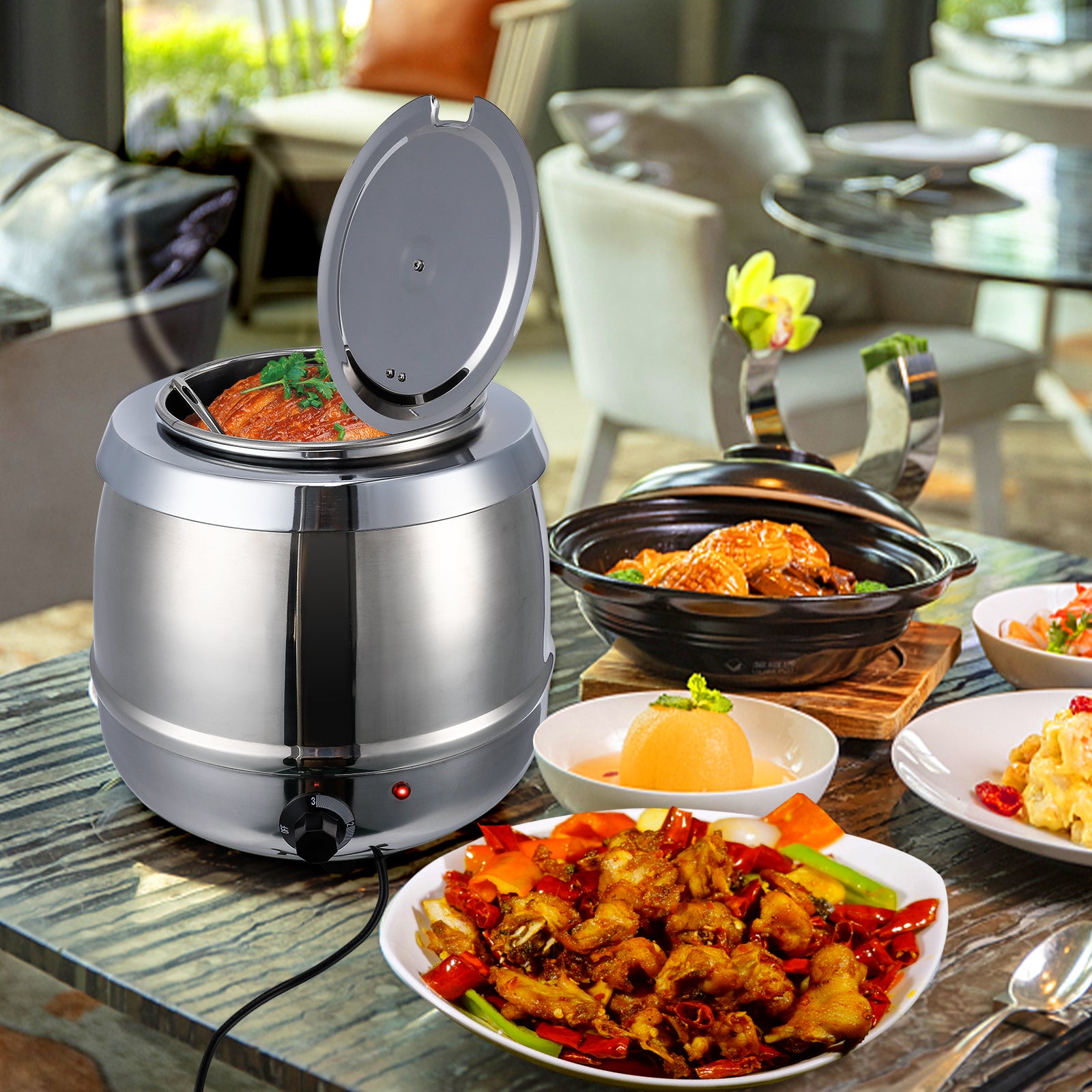 Garvee 10.5QT Commercial Soup Kettle Warmer with Hinged Lid and Detachable Stainless Steel Insert Pot for Restaurant and Big Family - Sliver