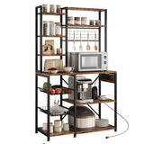 Garvee Baker Rack with Power Outlet, Kitchen Bakers Rack with 2 Wire Basket, Microwave Stand with Large Open Storage Shelves, 7-Tier Freestanding Utility Storage Shelf, Retro Brown - Brown