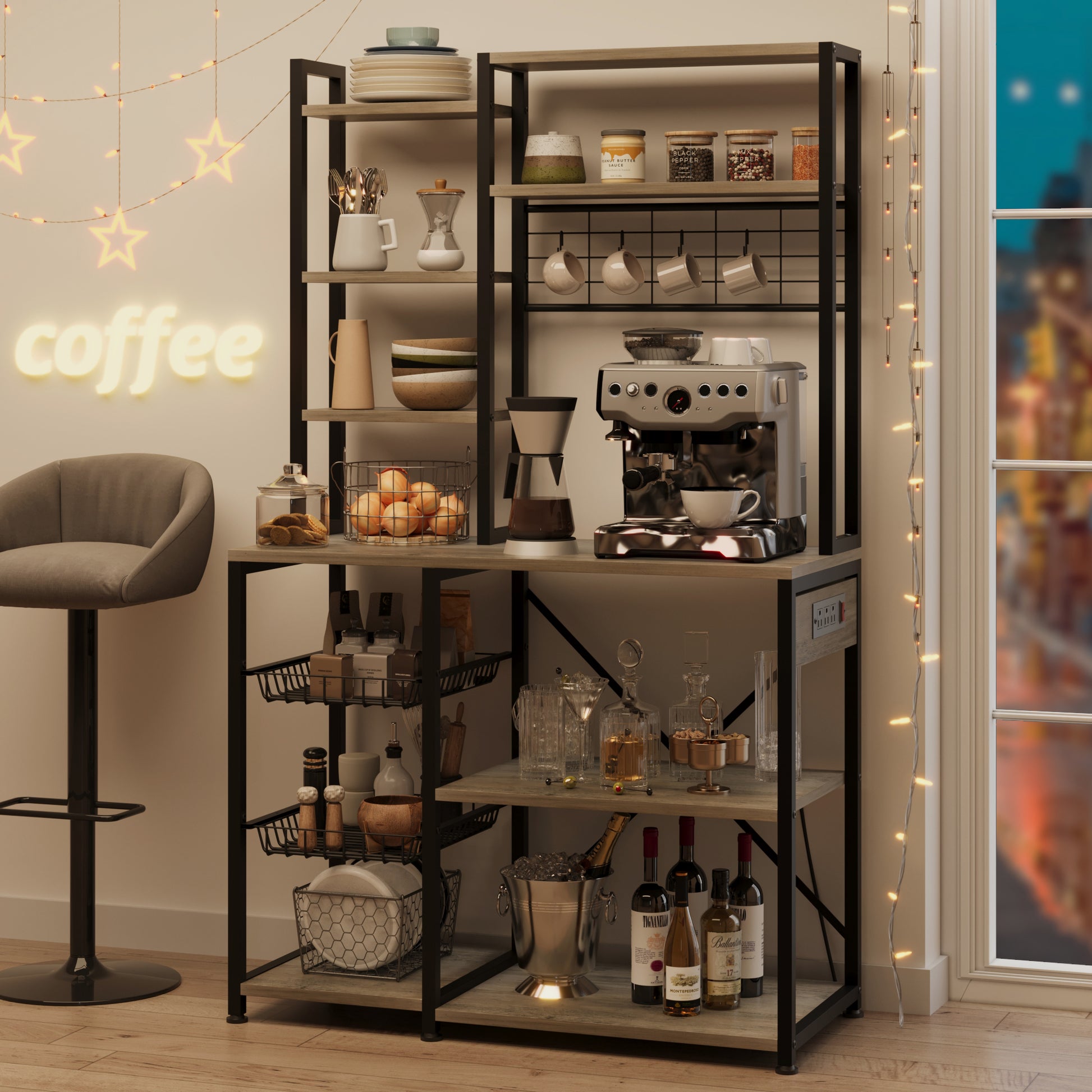 Garvee Bakers Rack with Power Outlet, Industrial Microwave Stand with 2 Wire Drawer, Large Coffee Bar Station, 7-Tier Kitchen Bakers Rack with Storage for Kitchen Spice, Pots Organizer, Gray