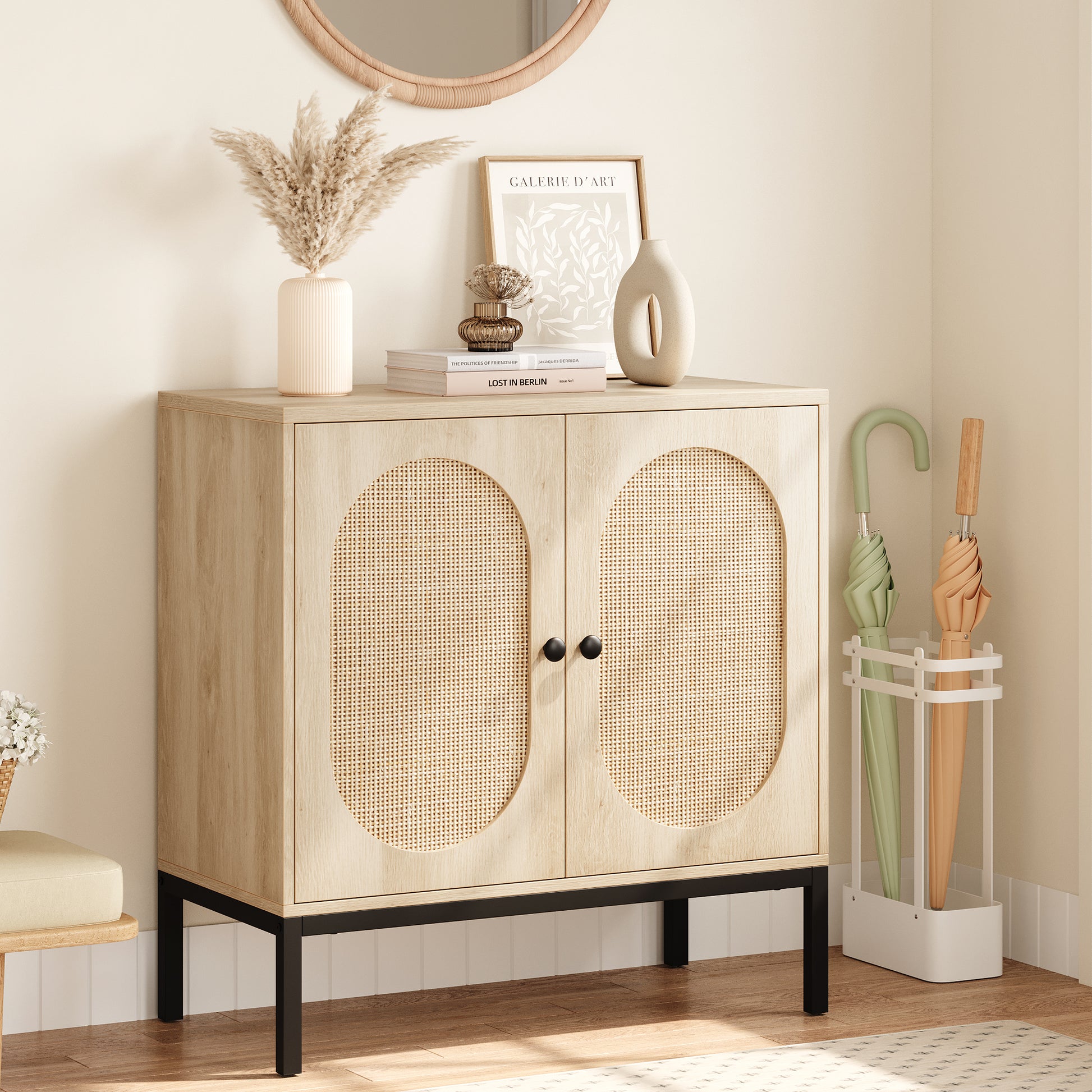 Garvee Rattan Buffet Cabinet with Storage, Farmhouse Sideboard Cabinet with Doors and Adjustable Shelves, Modern Wood Cupboard for Kitchen, Living Room and Dining Room