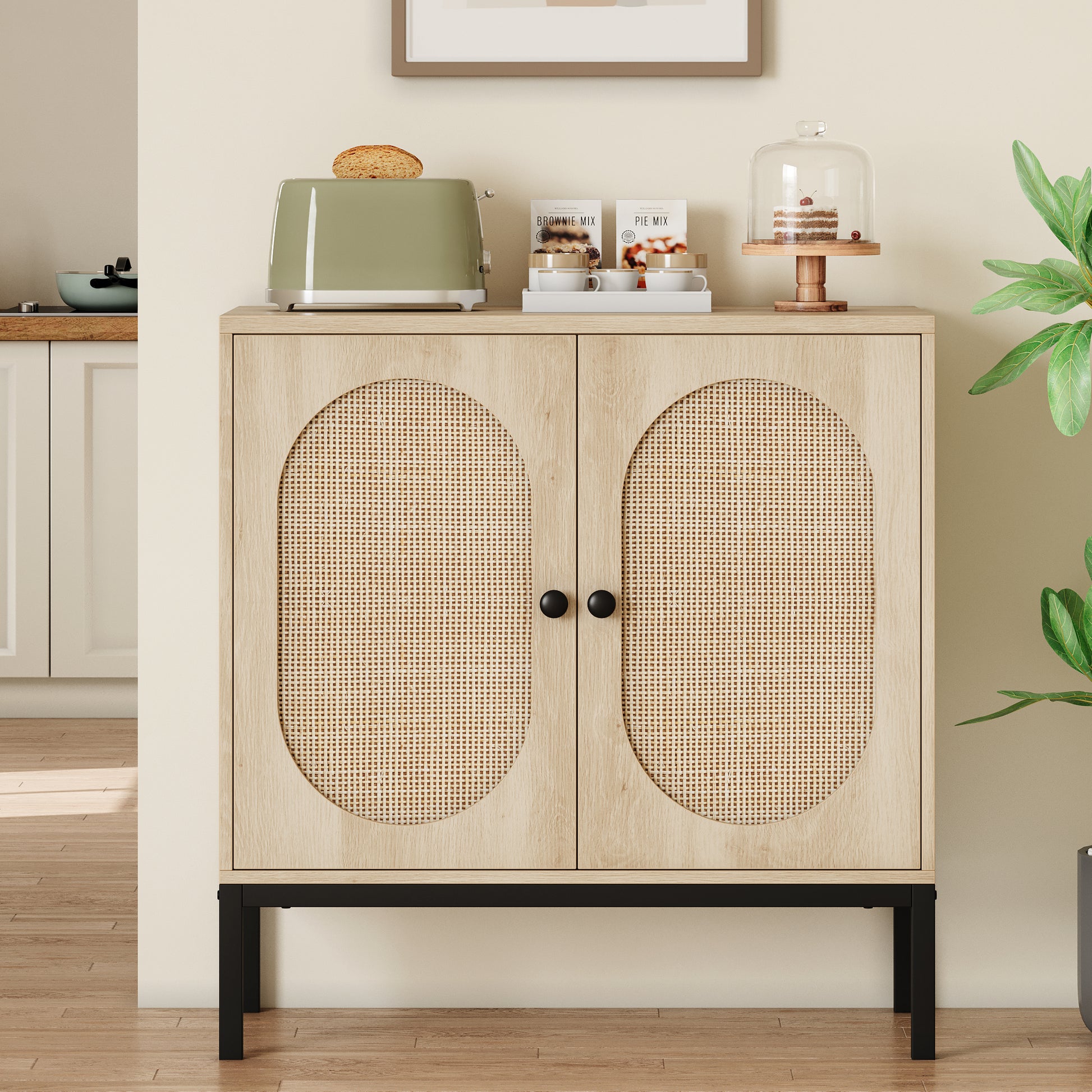 Garvee Rattan Buffet Cabinet with Storage, Farmhouse Sideboard Cabinet with Doors and Adjustable Shelves, Modern Wood Cupboard for Kitchen, Living Room and Dining Room