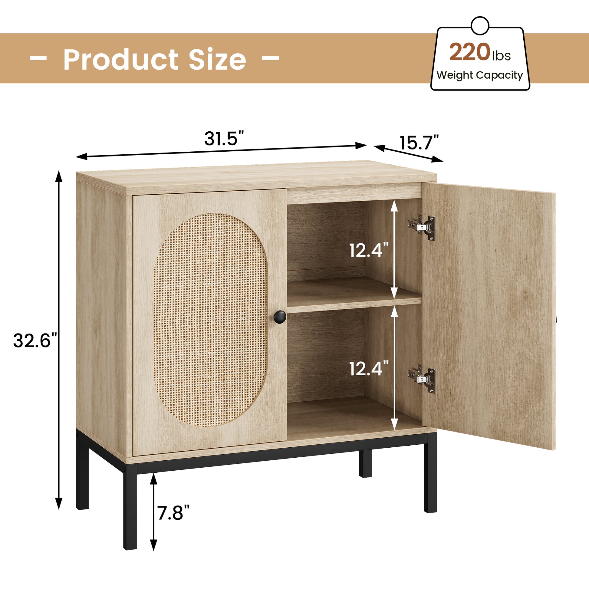 Garvee Rattan Buffet Cabinet with Storage, Farmhouse Sideboard Cabinet with Doors and Adjustable Shelves, Modern Wood Cupboard for Kitchen, Living Room and Dining Room