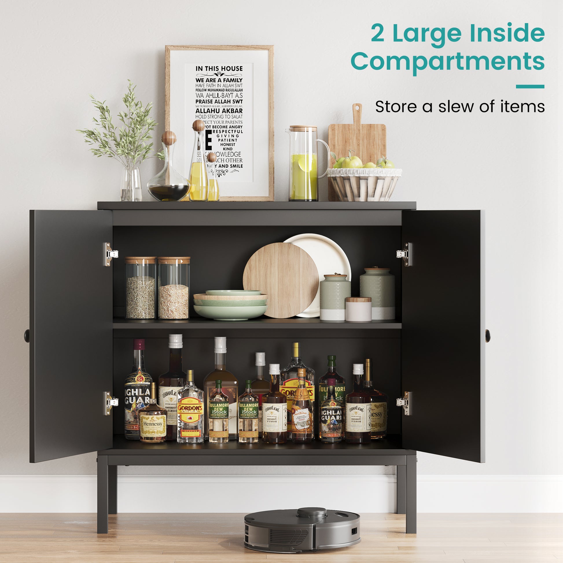Garvee Buffet Cabinet with Rattan Doors, Farmhouse Sideboard Cabinet with Adjustable Shelves, Modern Wood Cupboard for Kitchen , Living Room, Dining Room, Hallway, Black