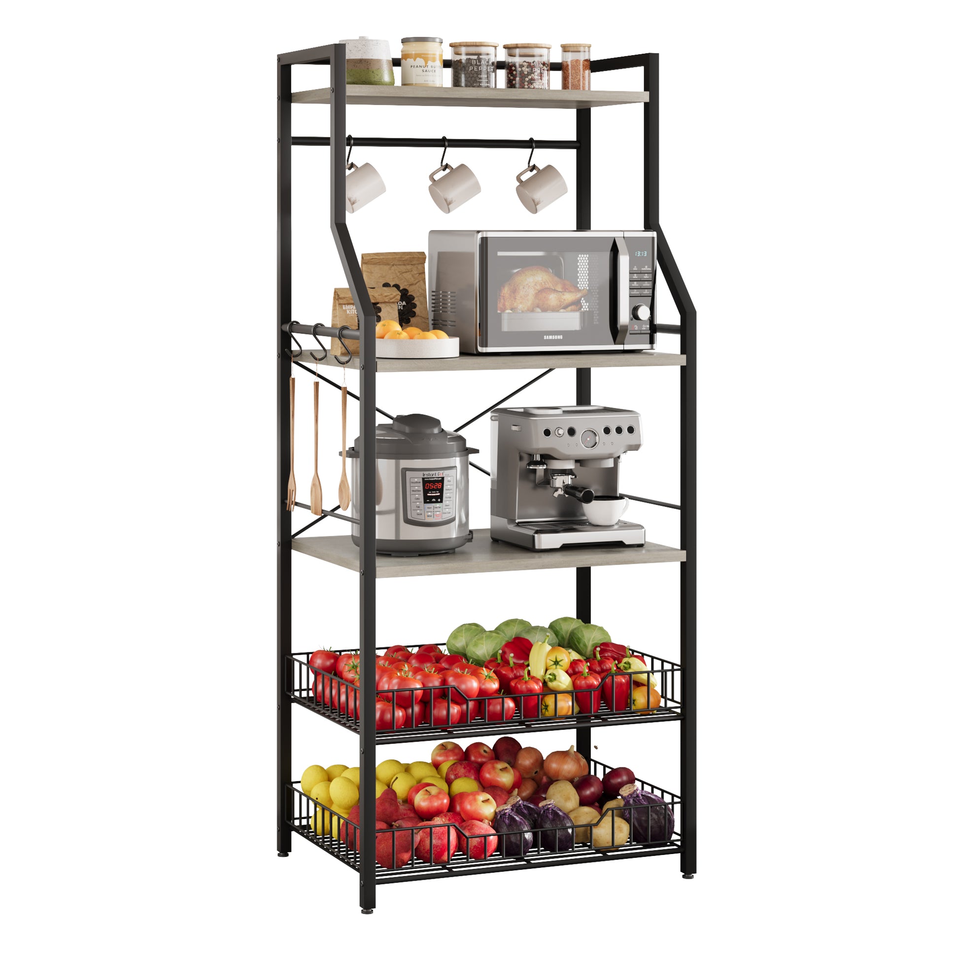 Garvee Rustic Microwave Stand, 5-Tier Storage Rack with Adjustable Feet and Anti-Tip Kit, Engineered Wood, Rustic Gray