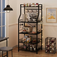 Garvee Kitchen Bakers Rack, Microwave Oven Stand with 2 Large Wire Baskets, Industrial Coffee Bar Station, 5-Tier Kitchen Utility Storage Shelf with 8 Hooks for Spice, Pots Organizer, Black