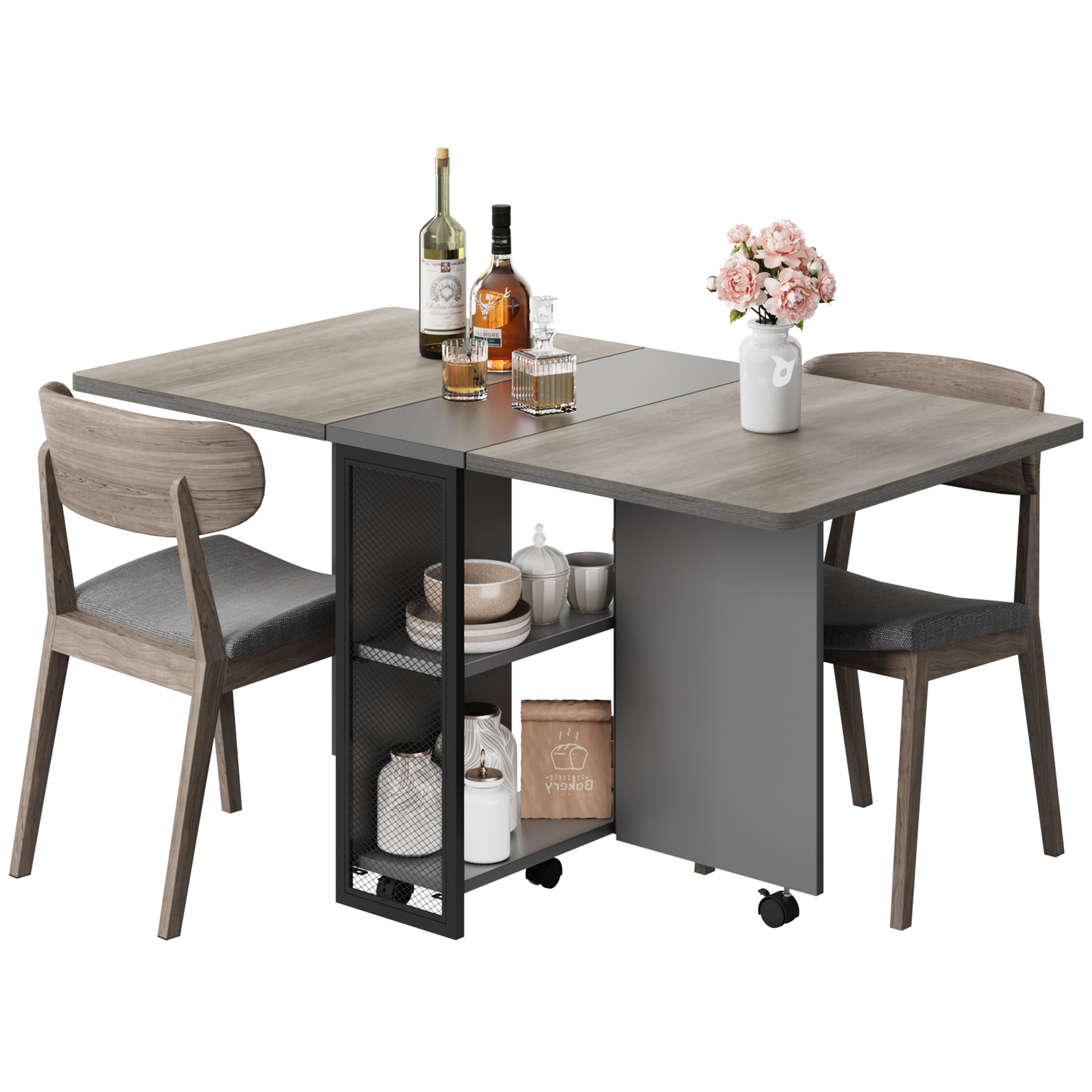Garvee Folding Dining Table with 2 Tier Storage, Extendable Kitchen Table, Drop Leaf Table, Rectangle Dining Room Tables Set for 4, Space Saving Dinner Kitchen Office Furniture, Grey