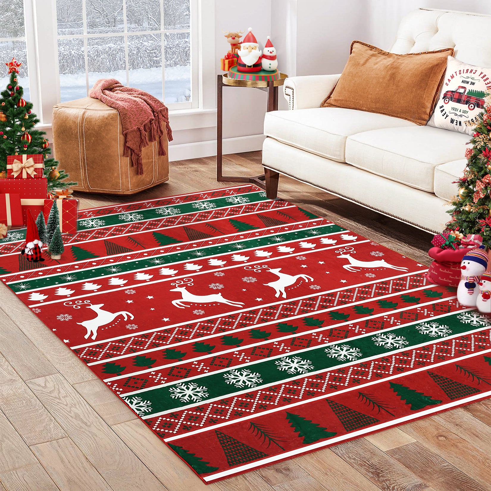 Garvee Washable Area Rug 6x9 Rug for Living Room Modern Christmas Rug Tree Deer Snowflake Bedroom Rug Soft Non Slip Carpet Stain Resistant Large Area Rug for Dining Room Classroom