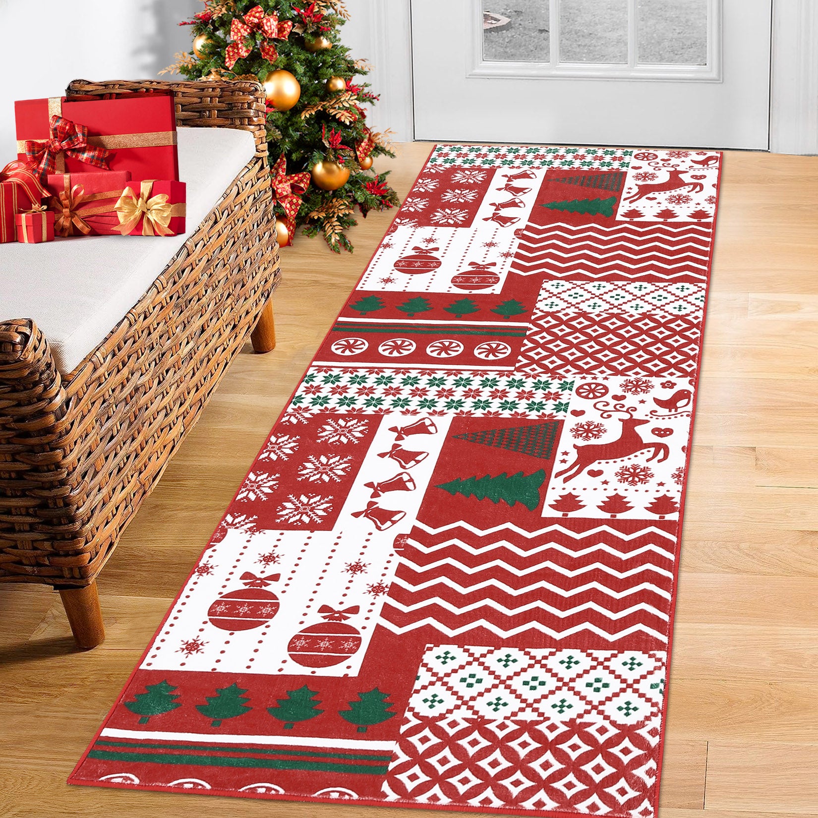 Garvee Christmas Runner Rug 2x8 Non-Slip Washable Soft Reindeer Snowflake Holiday Decor for Hallways Kitchen Entryway