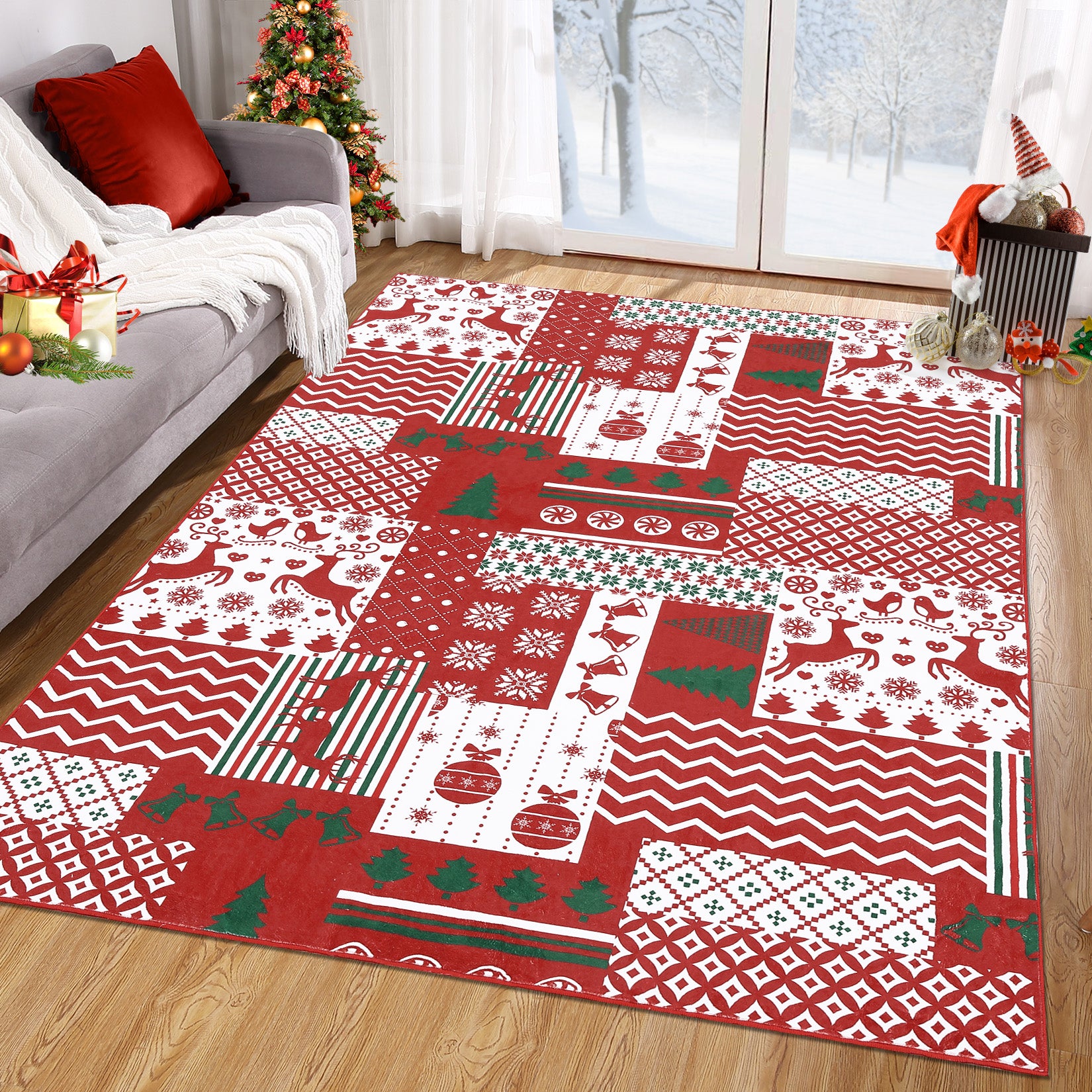 Garvee Christmas Area Rug 8x10 Christmas Patchwork Pattern Floor Cover Machine Washable Indoor Carpet Rug Decorative Non Slip Accent Rug for Kitchen Bathroom Living Room Bedroom