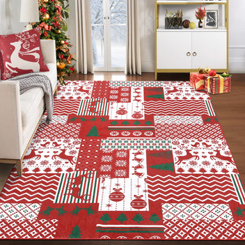 Garvee Christmas Area Rug 8x10 Christmas Patchwork Pattern Floor Cover Machine Washable Indoor Carpet Rug Decorative Non Slip Accent Rug for Kitchen Bathroom Living Room Bedroom
