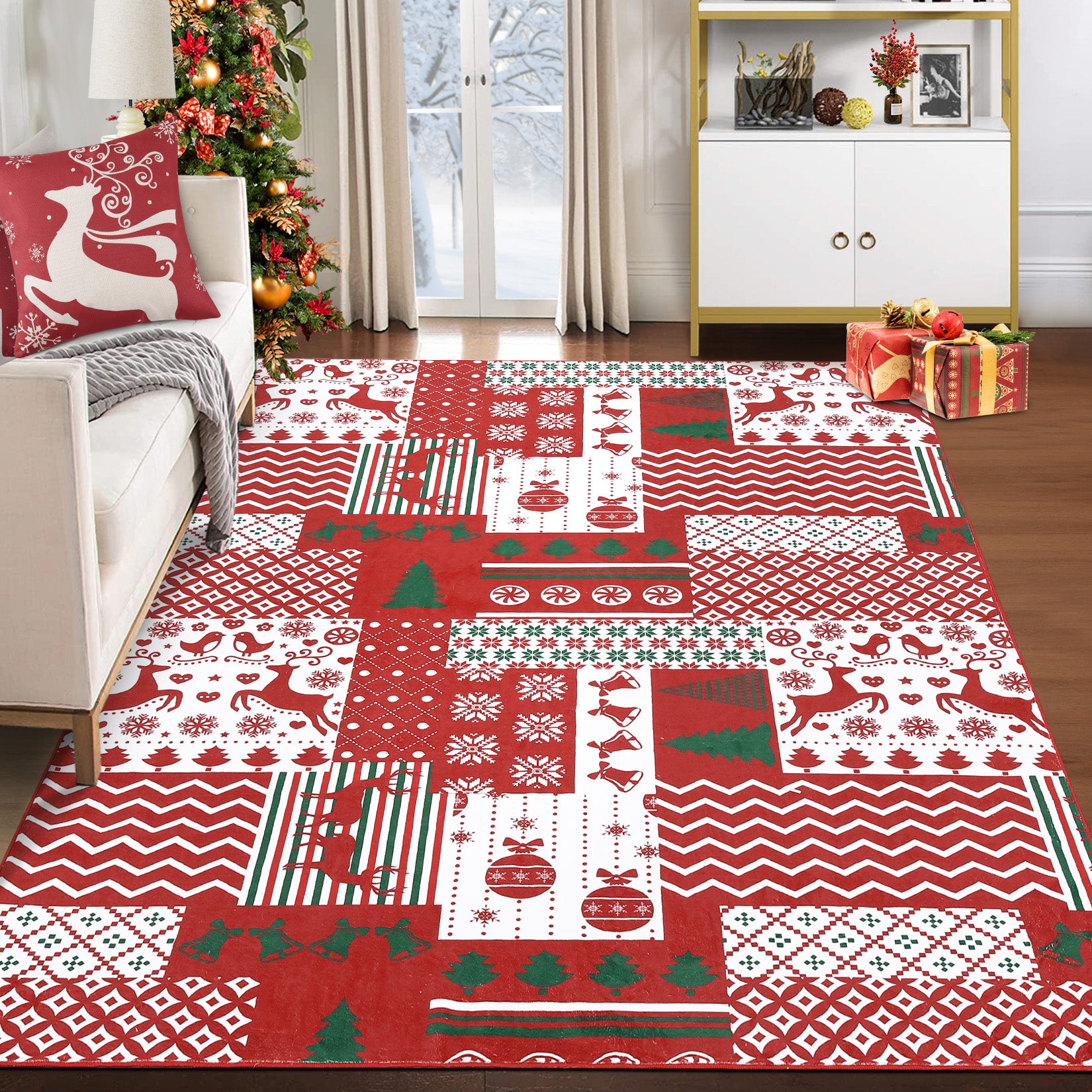 Garvee Christmas Area Rug 8x10 Christmas Patchwork Pattern Floor Cover Machine Washable Indoor Carpet Rug Decorative Non Slip Accent Rug for Kitchen Bathroom Living Room Bedroom