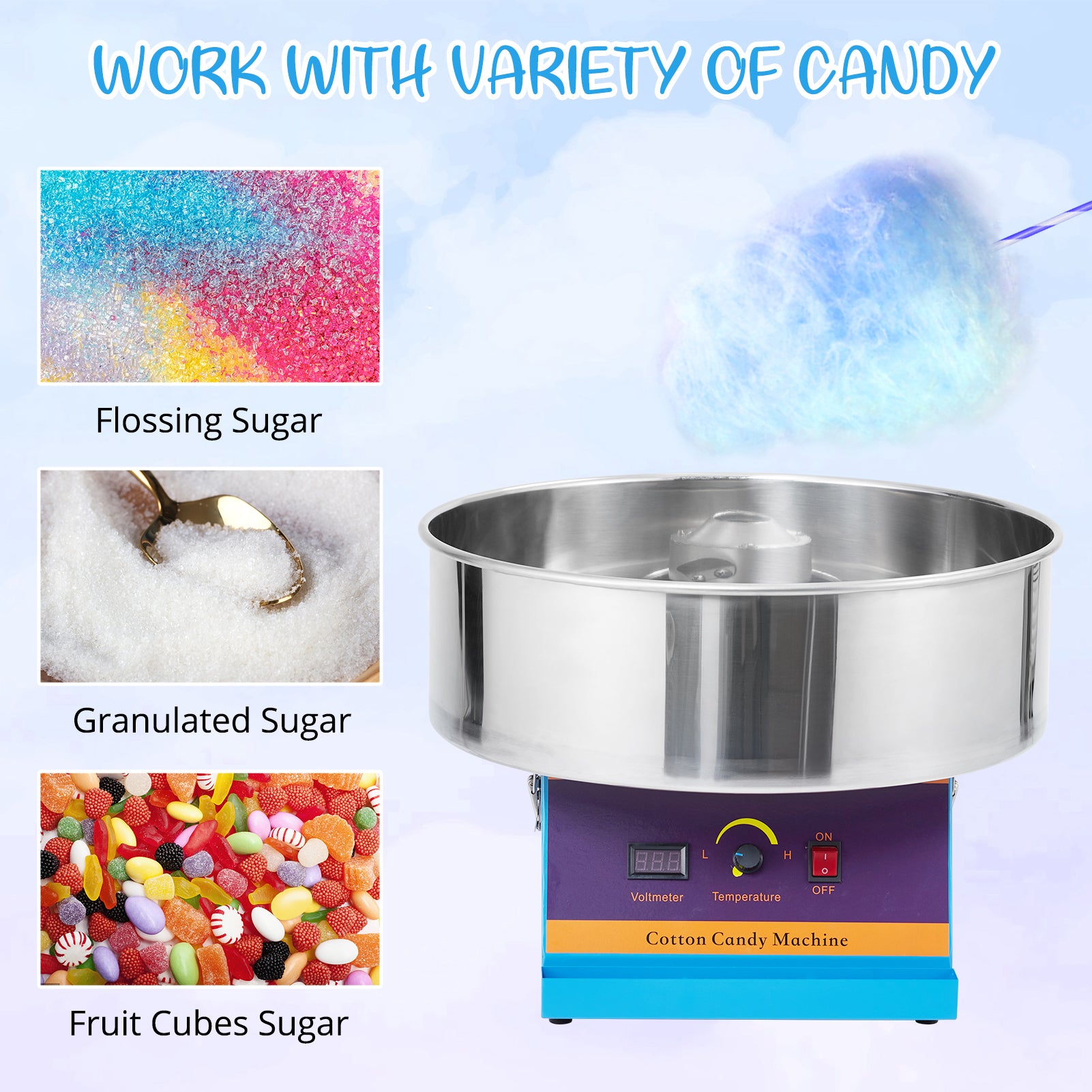 Garvee 1030W Electric Commercial Cotton Candy Machine, Candy Floss Maker with Stainless Steel Bowl, Sugar Scoop for Mall Birthday Family Party