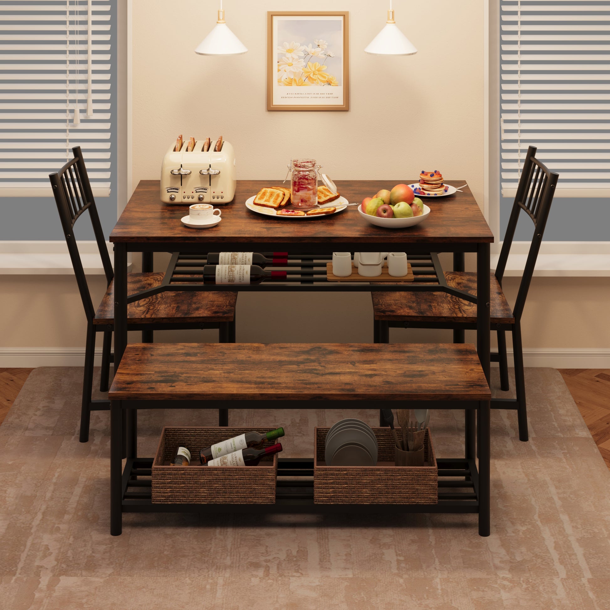 Garvee Dining Table Set for 4, Kitchen Table and Chairs for 4 with Wine Rack, Rectangular Dining Room Table Set with Bench, 4 Piece Dining Table Set for Small Space, Apartment, Brown