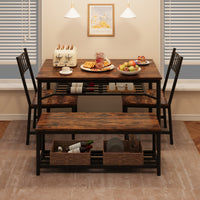 Garvee Dining Table Set for 4, Kitchen Table and Chairs for 4 with Wine Rack, Rectangular Dining Room Table Set with Bench, 4 Piece Dining Table Set for Small Space, Apartment, Brown