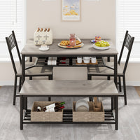 Garvee Dining Table Set for 4 with Bench and 2 Chairs, Rectangular Kitchen Table Set with Wine Rack, Dining Room Table Set for 4 with Storage Benches for Small Space, Apartment, Gray
